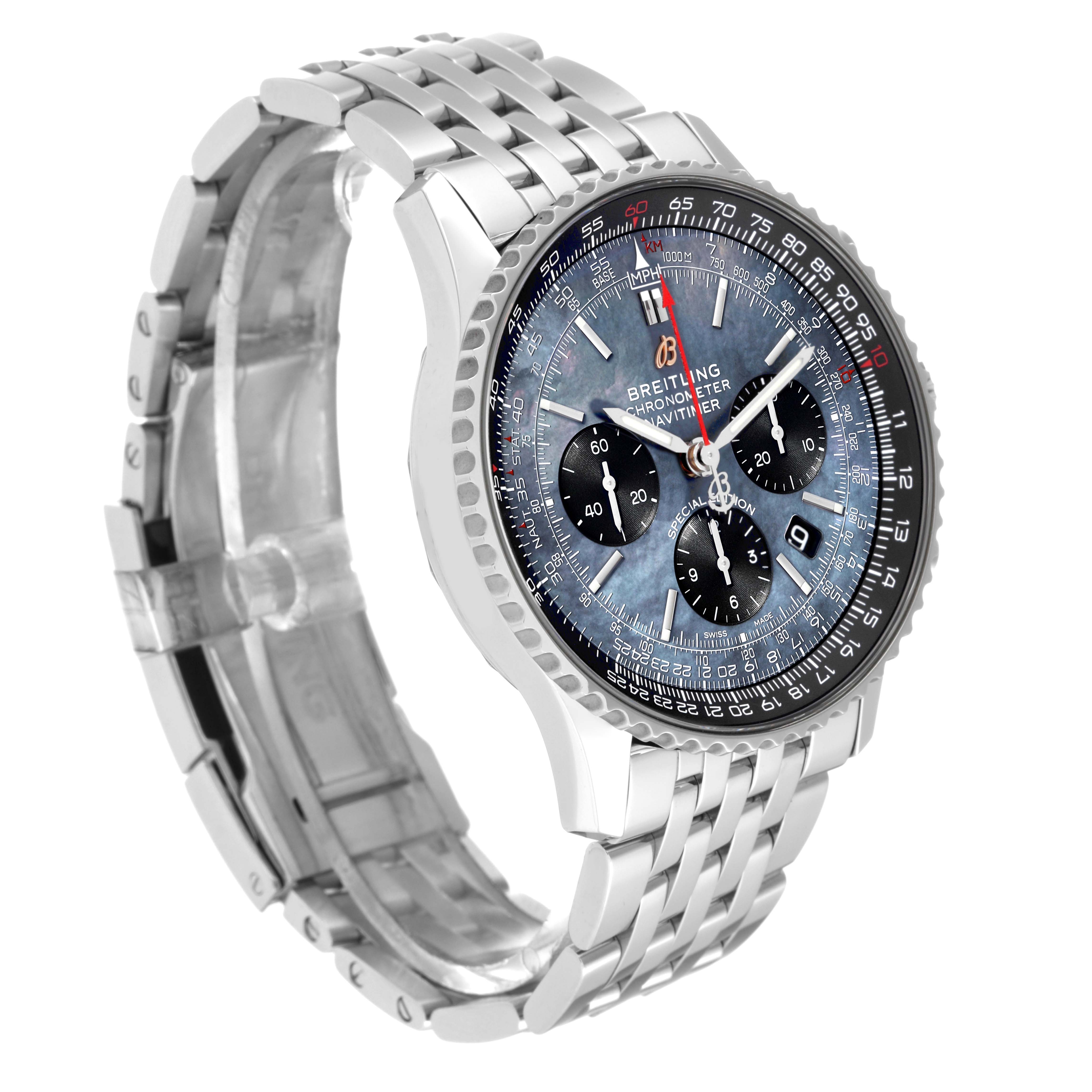This image shows a Breitling Navitimer AB0121 Men
s Stainless Steel Mother of Pearl Dial AB0121 Men
s Stainless Steel Mother of Pearl Dial watch at a three-quarter angle, highlighting the dial, bezel, and stainless steel bracelet.
