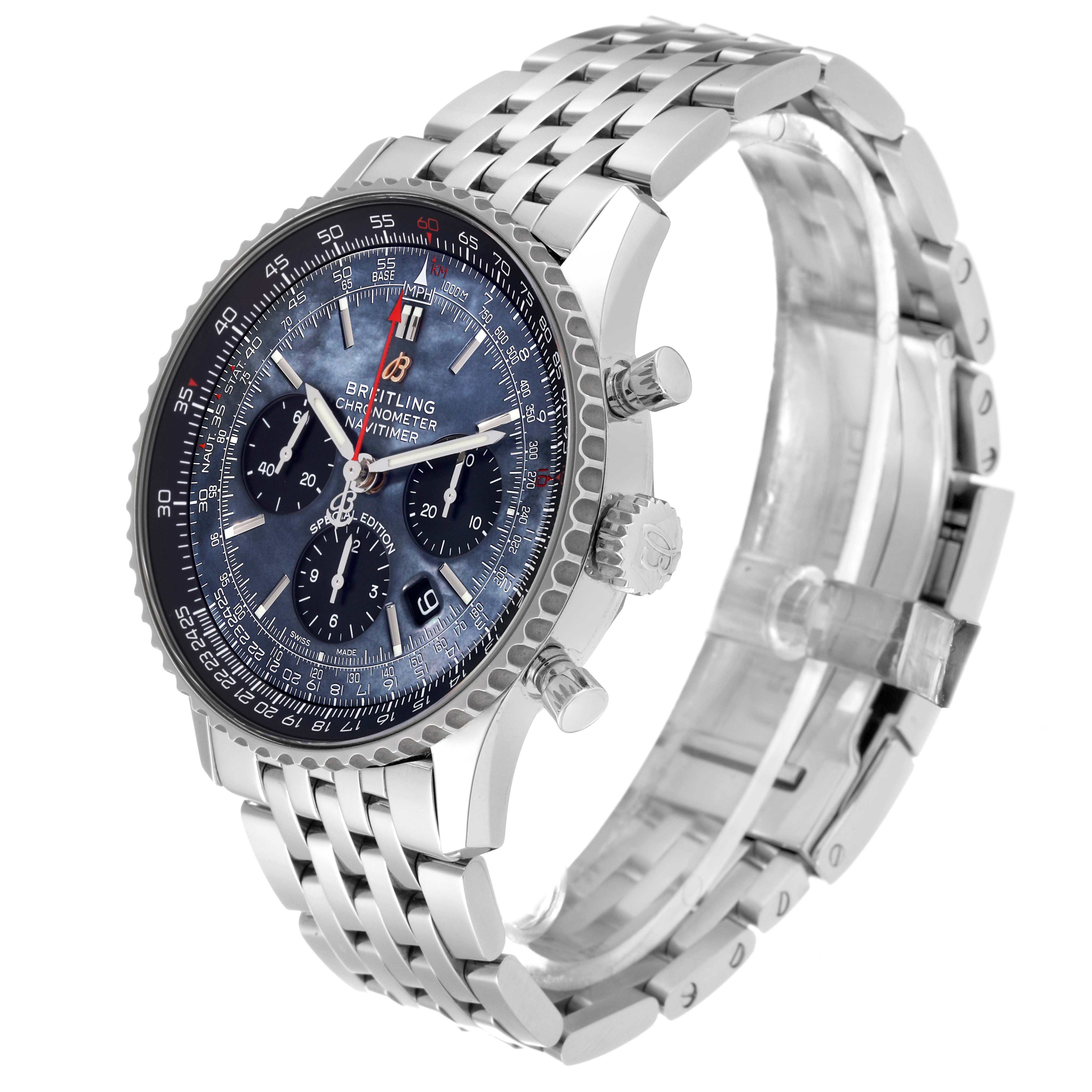 The image shows a Breitling Navitimer AB0121 Men
s Stainless Steel Mother of Pearl Dial AB0121 Men
s Stainless Steel Mother of Pearl Dial watch at a three-quarter angle, highlighting the dial, bezel, crown, and bracelet.