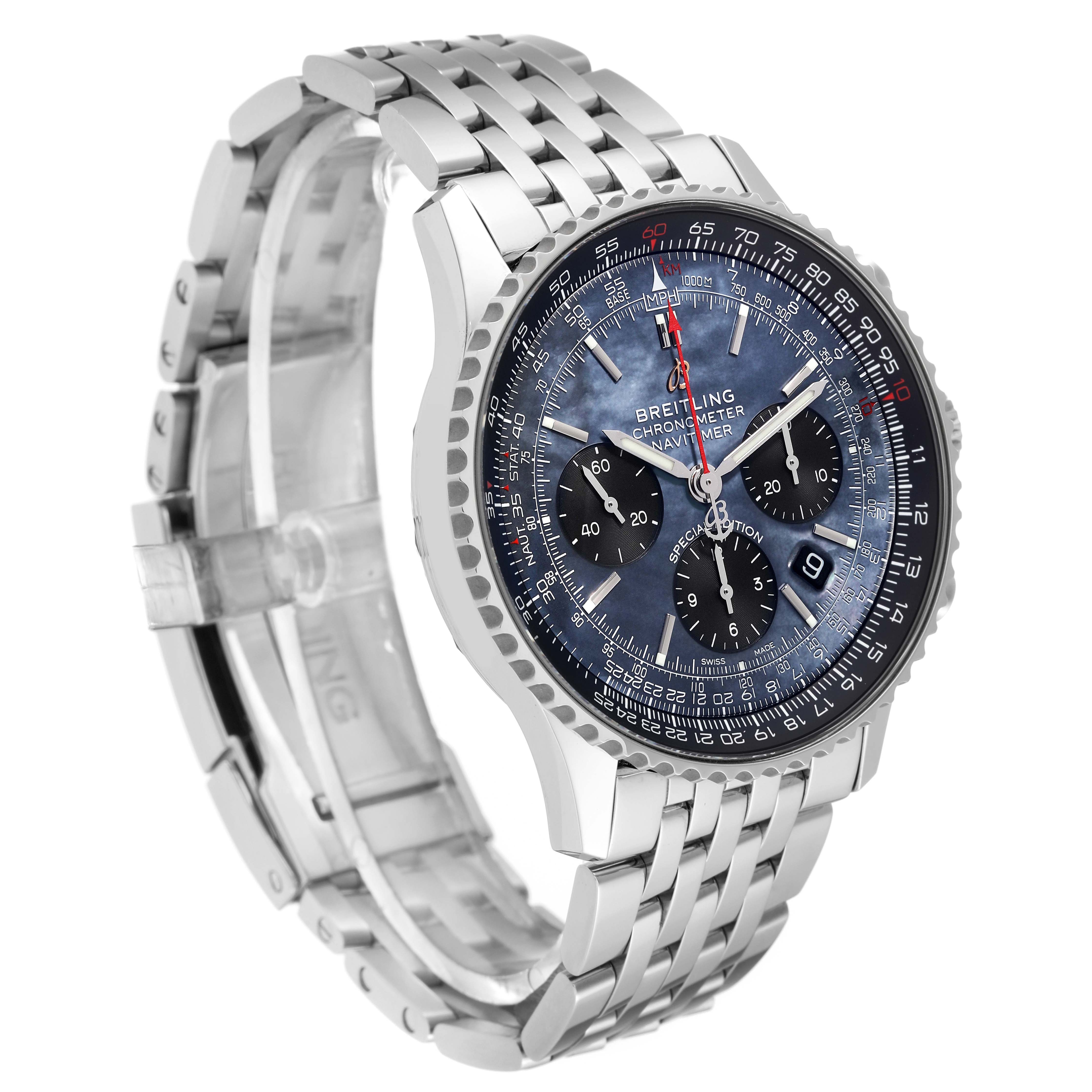 The image shows a Breitling Navitimer AB0121 Men
s Stainless Steel Mother of Pearl Dial AB0121 Men
s Stainless Steel Mother of Pearl Dial watch at an angled side view, highlighting its face, bezel, and part of the bracelet.
