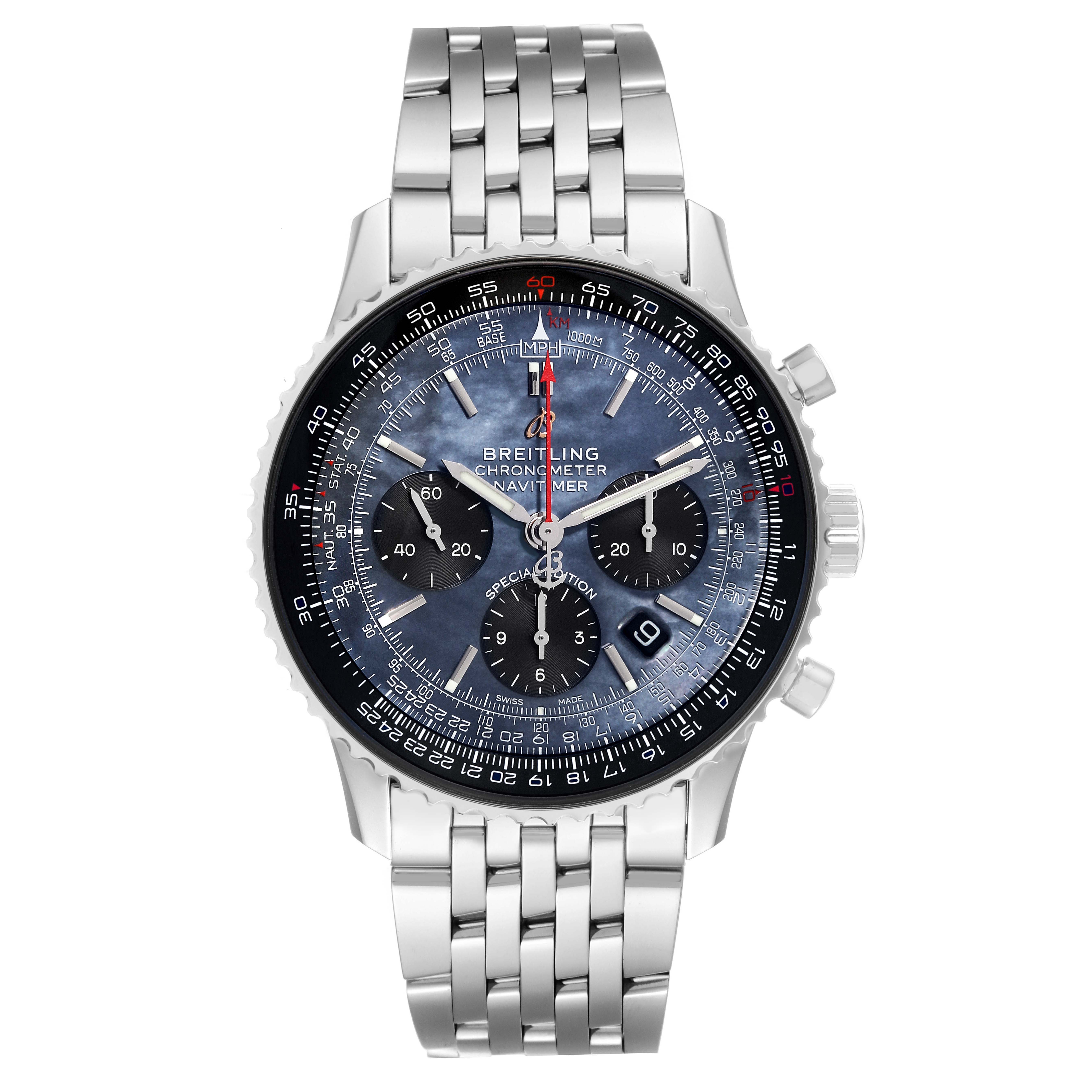 The image shows a front view of a Breitling Navitimer AB0121 Men
s Stainless Steel Mother of Pearl Dial AB0121 Men
s Stainless Steel Mother of Pearl Dial watch, displaying its face, three subdials, and stainless steel bracelet.