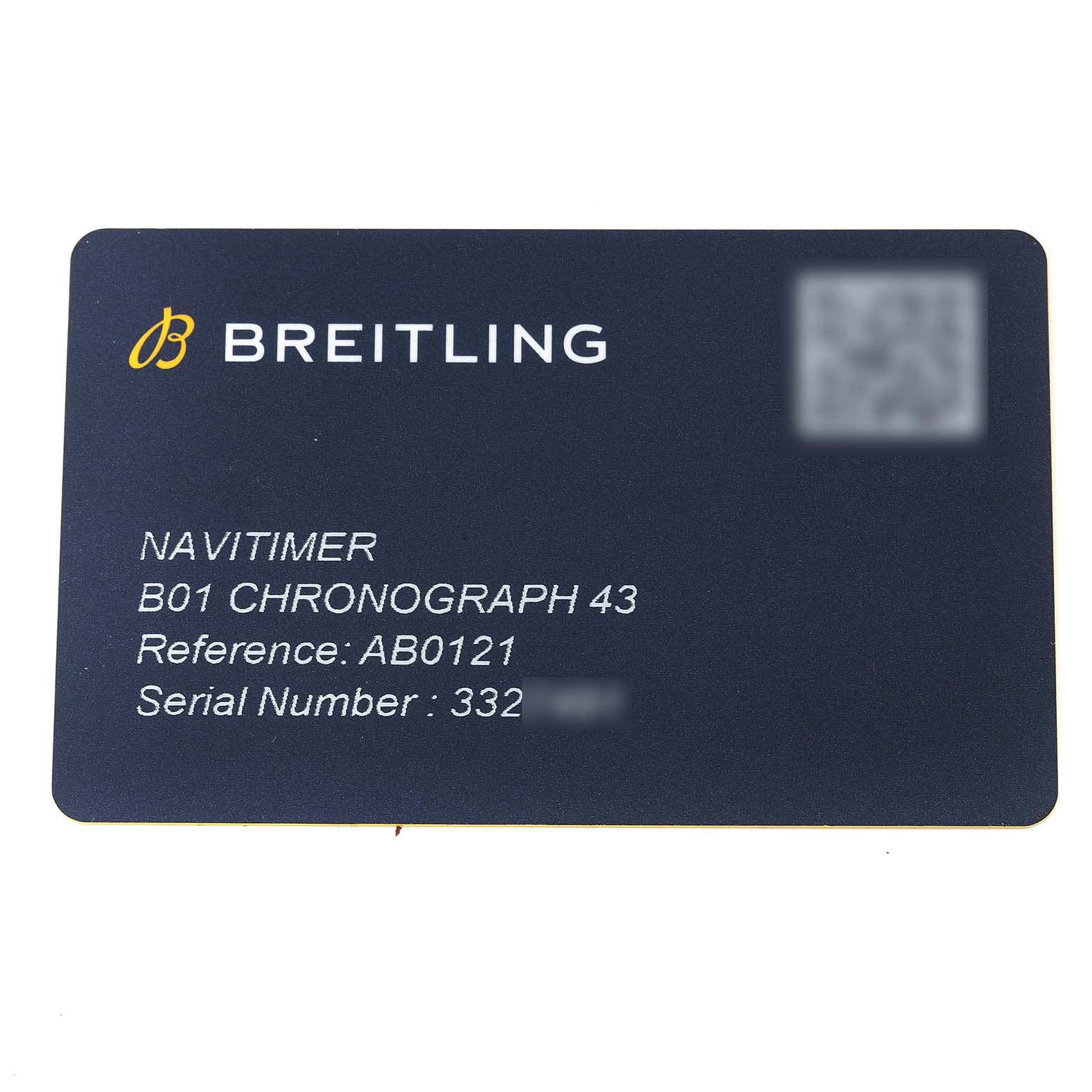 This image shows a warranty card for a Breitling Navitimer AB0121 Men
s Stainless Steel Mother of Pearl Dial AB0121 Men
s Stainless Steel Mother of Pearl Dial B01 Chronograph 43 watch.