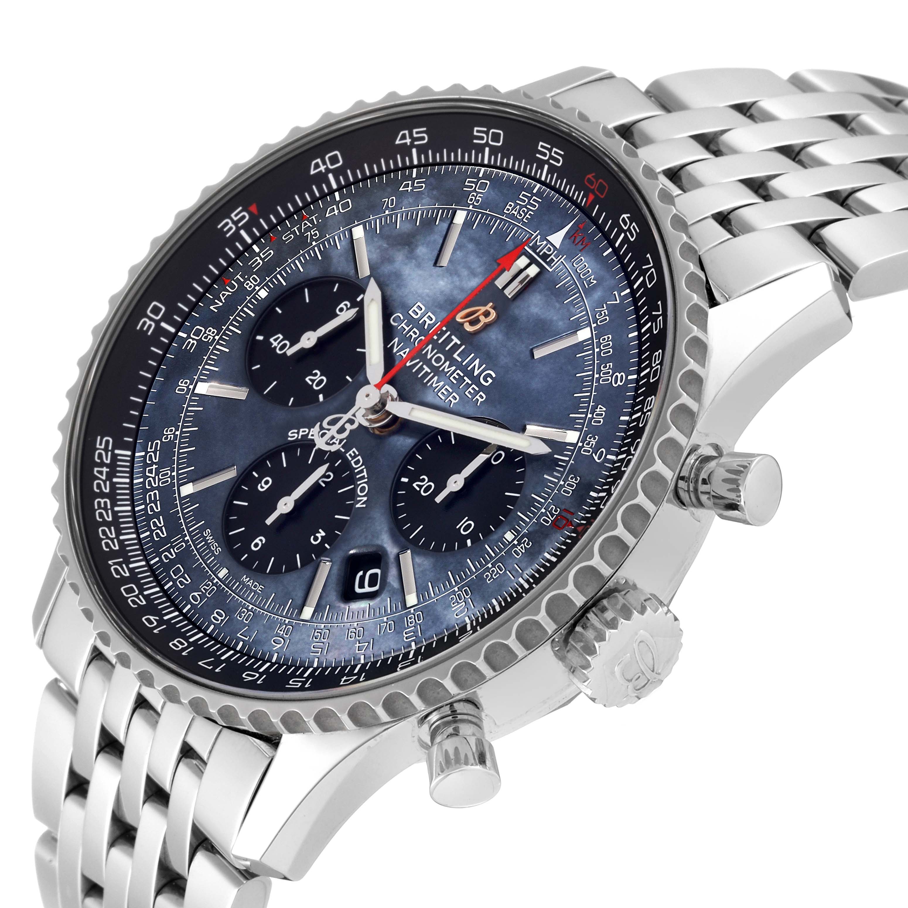 The image shows a close-up of the Breitling Navitimer AB0121 Men
s Stainless Steel Mother of Pearl Dial AB0121 Men
s Stainless Steel Mother of Pearl Dial watch from an angle that highlights the dial and chronograph pushers.