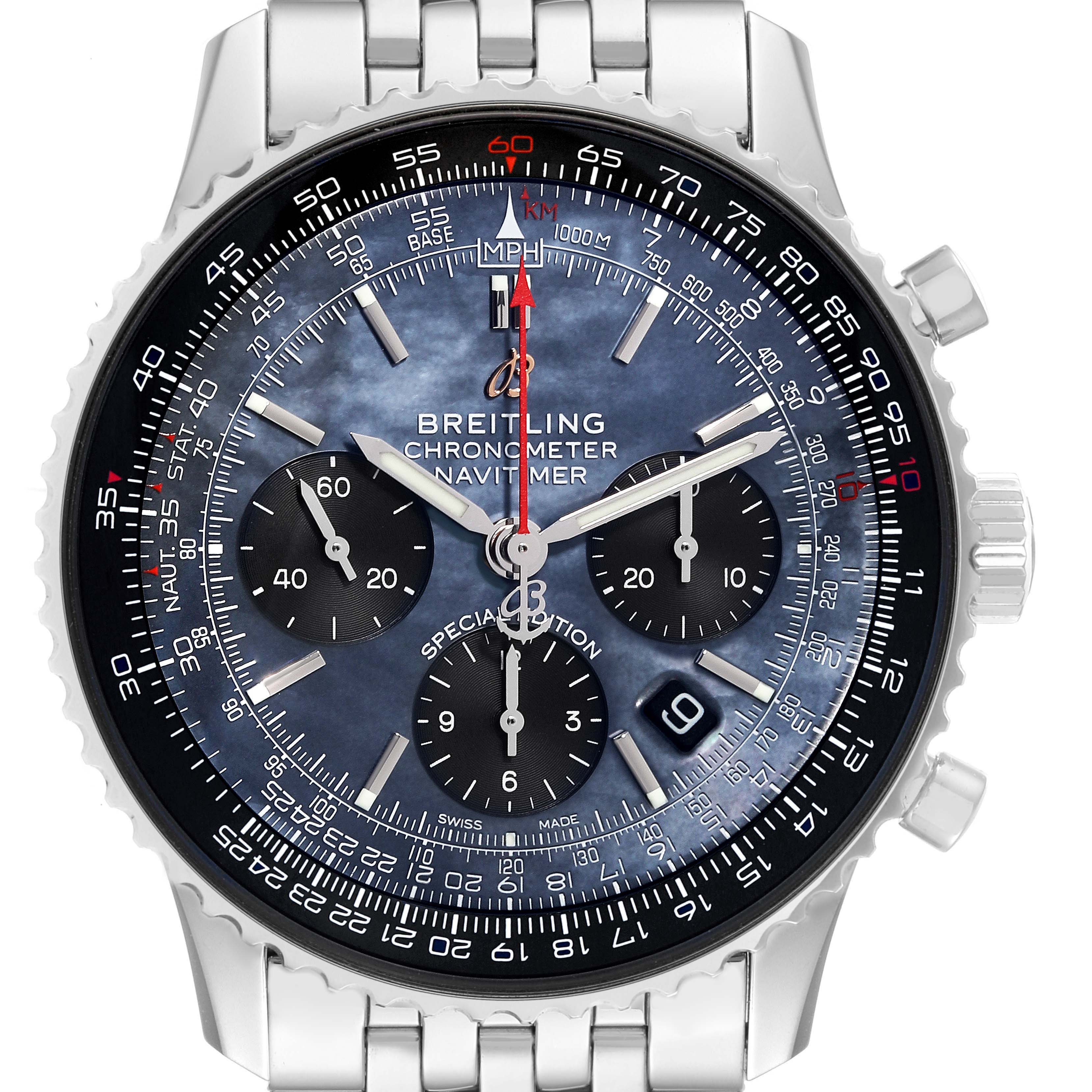 The image shows a front view of the Breitling Navitimer AB0121 Men
s Stainless Steel Mother of Pearl Dial AB0121 Men
s Stainless Steel Mother of Pearl Dial Chronometer watch, detailing its face, bezel, and part of the metallic strap.