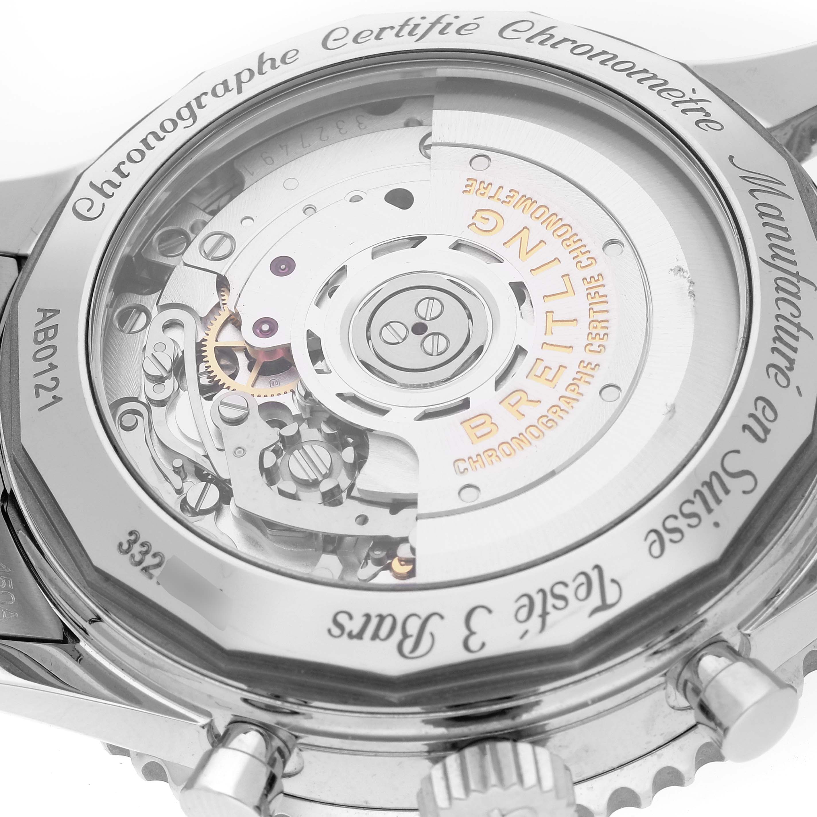 The image shows the back view of a Breitling Navitimer AB0121 Men
s Stainless Steel Mother of Pearl Dial AB0121 Men
s Stainless Steel Mother of Pearl Dial watch, highlighting its exposed movement and intricate internal mechanisms.