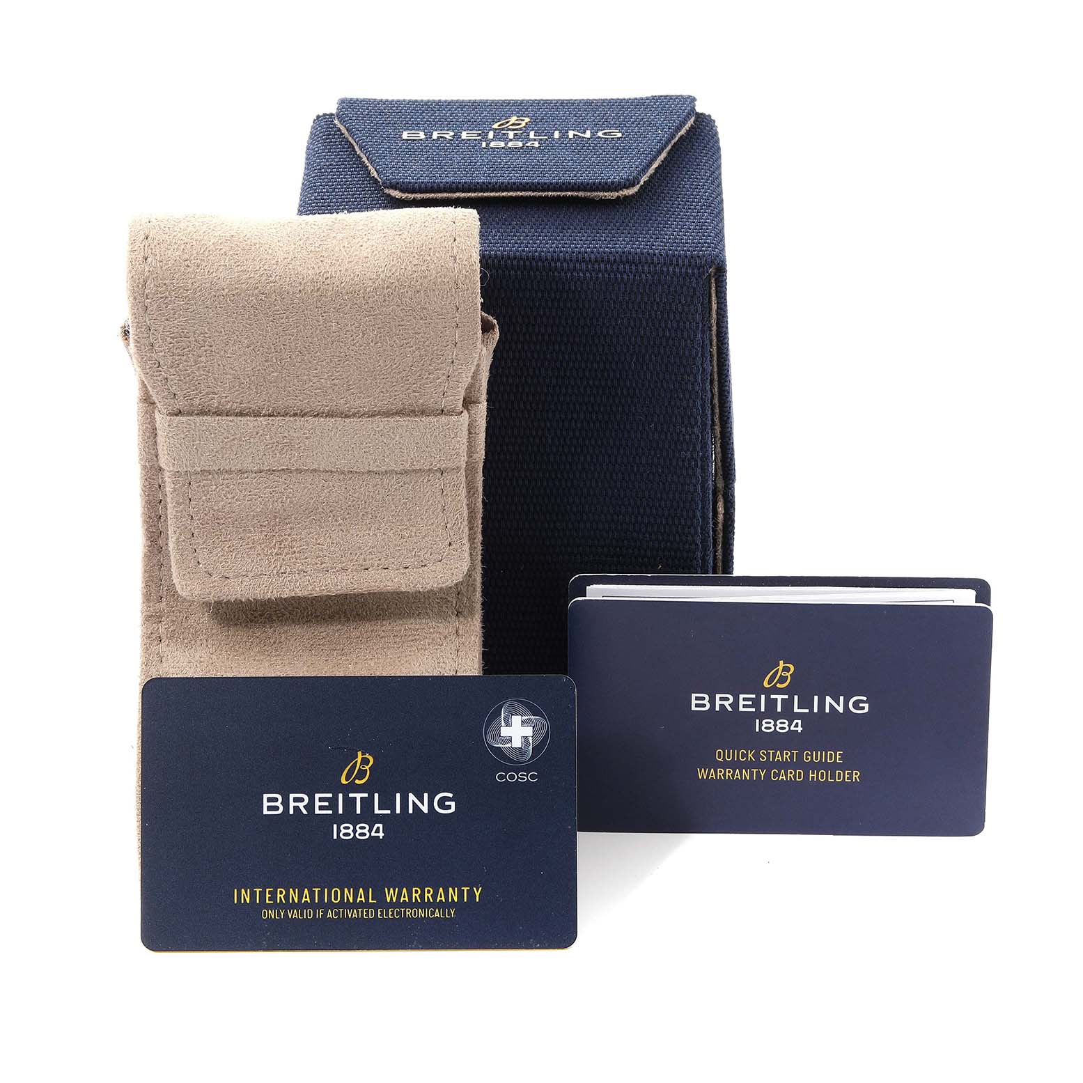 The image shows packaging and accessories for the Breitling Navitimer AB0121 Men
s Stainless Steel Mother of Pearl Dial AB0121 Men
s Stainless Steel Mother of Pearl Dial, including a pouch, warranty card, and quick start guide.