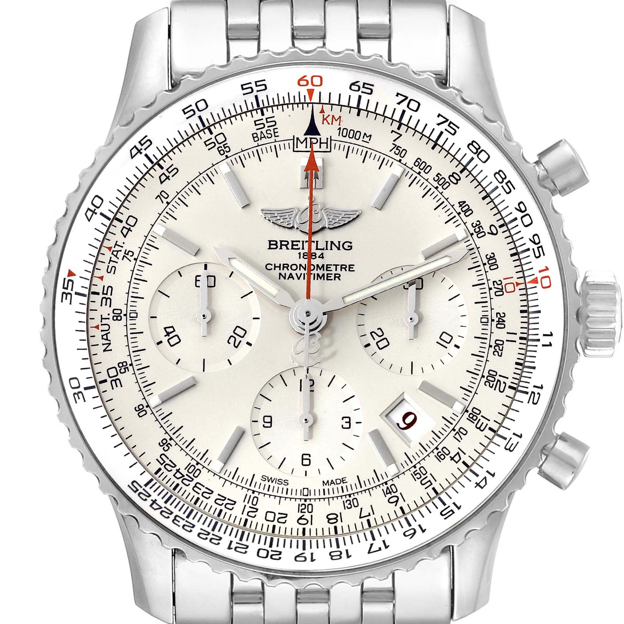 The Breitling Navitimer AB0123 Men's Stainless Steel Silver Dial AB0123 Men's Stainless Steel Silver Dial watch is shown from a front angle highlighting its dial, bezel, and part of the stainless steel bracelet.