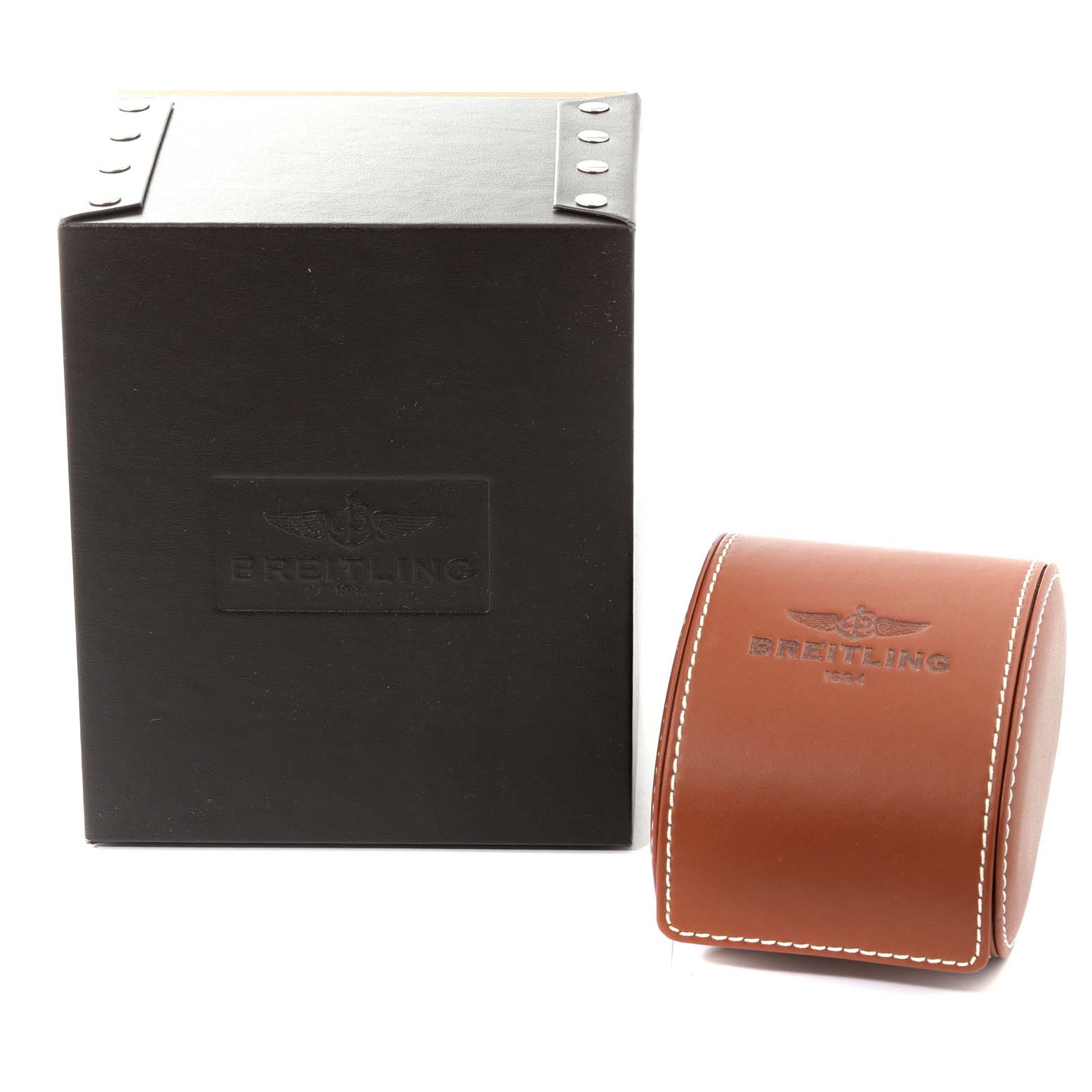 The image shows the box and a leather case for a Breitling Navitimer AB0123 Men's Stainless Steel Silver Dial AB0123 Men's Stainless Steel Silver Dial watch, captured from the front angle.