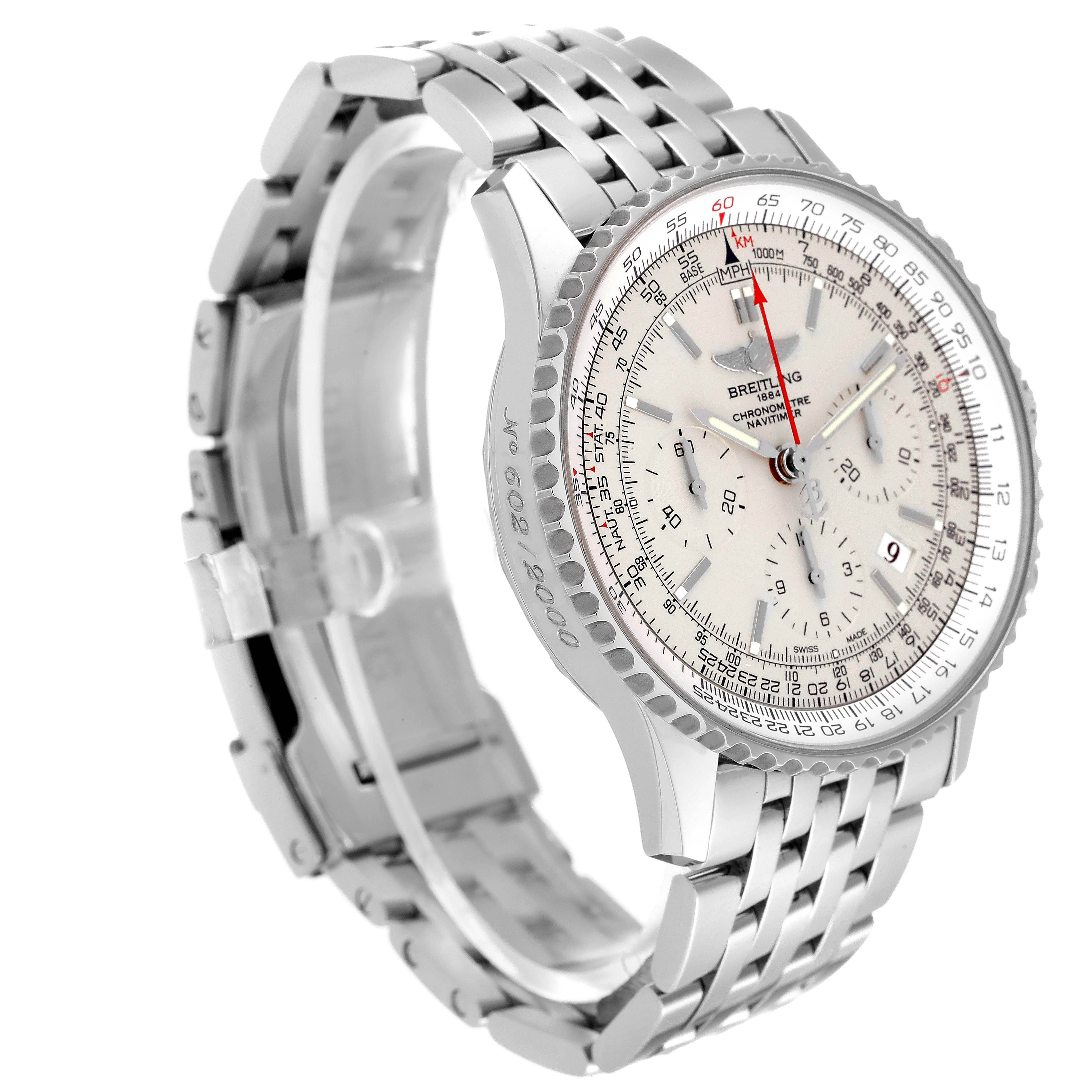 The image shows a Breitling Navitimer AB0123 Men's Stainless Steel Silver Dial AB0123 Men's Stainless Steel Silver Dial watch from an angled side view, displaying the face, bezel, and partially open metal bracelet.