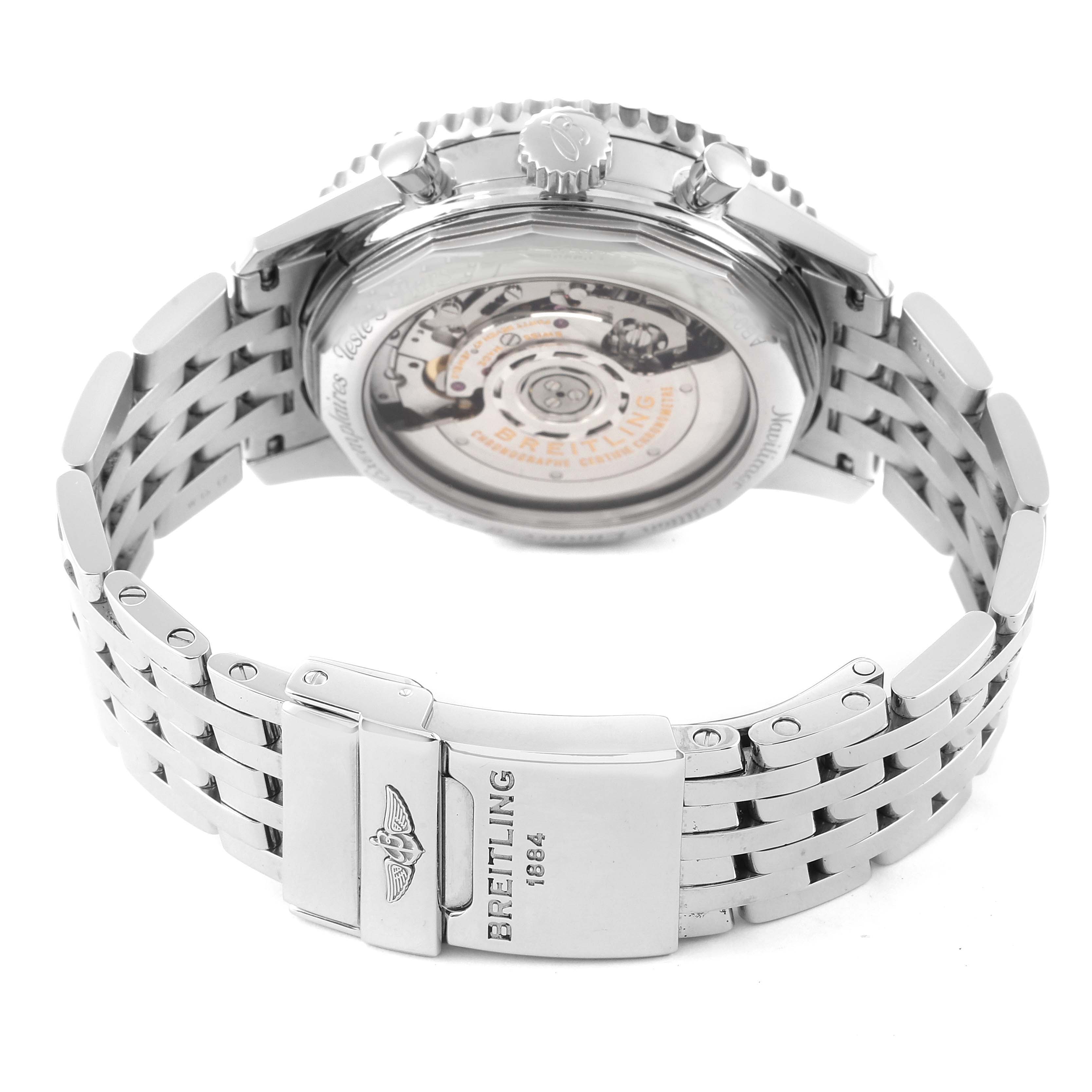 The image shows the back view of a Breitling Navitimer AB0123 Men's Stainless Steel Silver Dial AB0123 Men's Stainless Steel Silver Dial watch, highlighting its movement and stainless steel bracelet clasp.