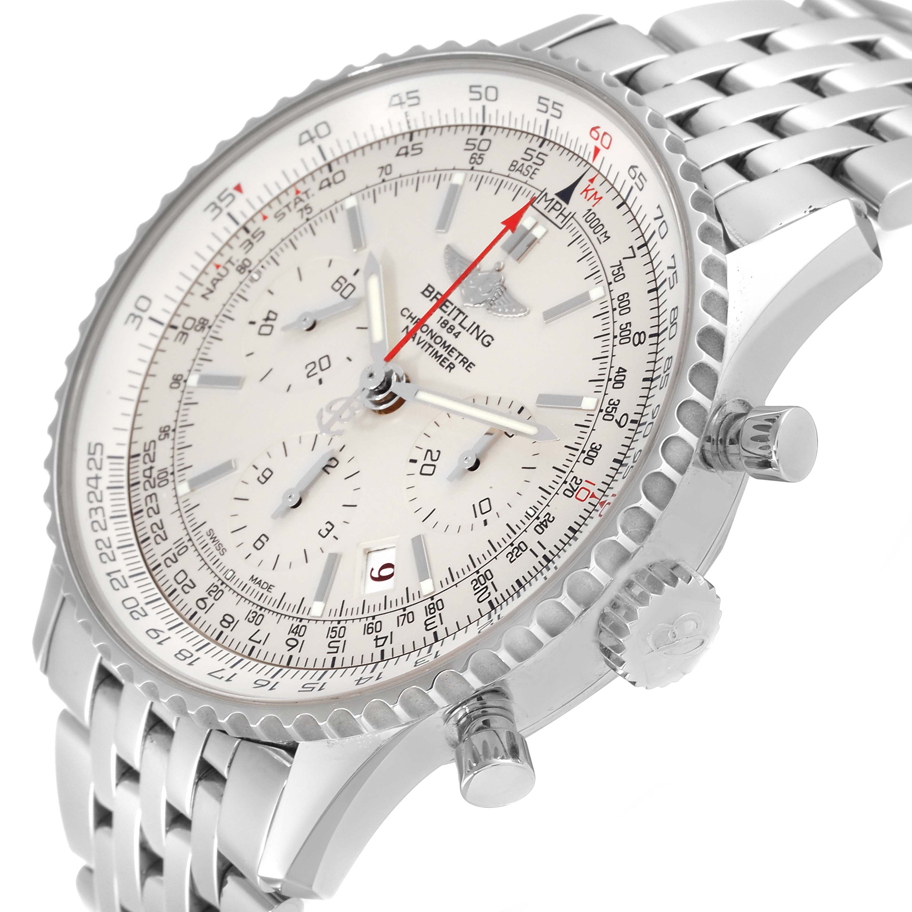 The image shows a side view of the Breitling Navitimer AB0123 Men's Stainless Steel Silver Dial AB0123 Men's Stainless Steel Silver Dial watch, highlighting the bezel, crown, pushers, and part of the bracelet.
