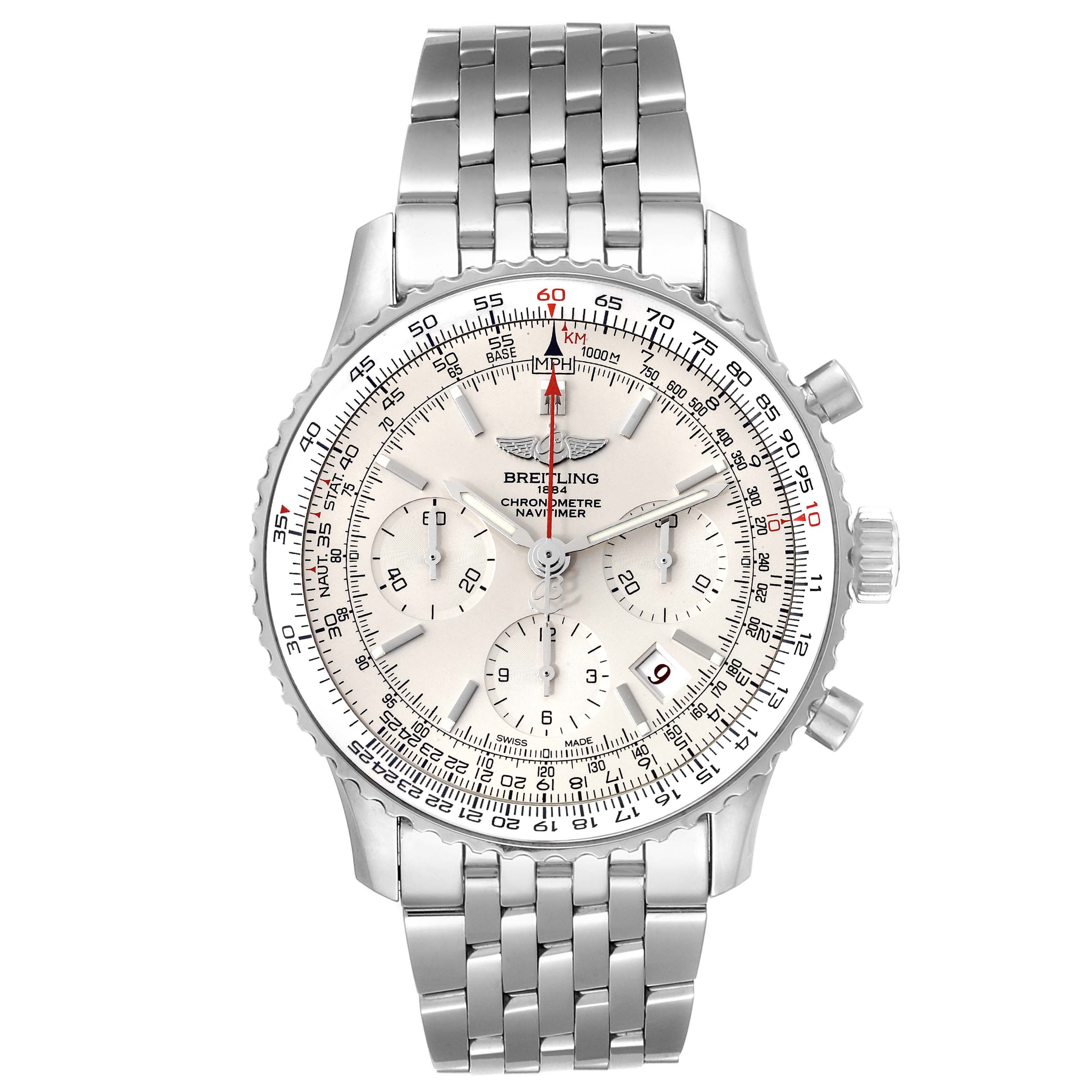 This image shows a front view of a Breitling Navitimer AB0123 Men's Stainless Steel Silver Dial AB0123 Men's Stainless Steel Silver Dial watch with a stainless steel bracelet and chronograph dials.