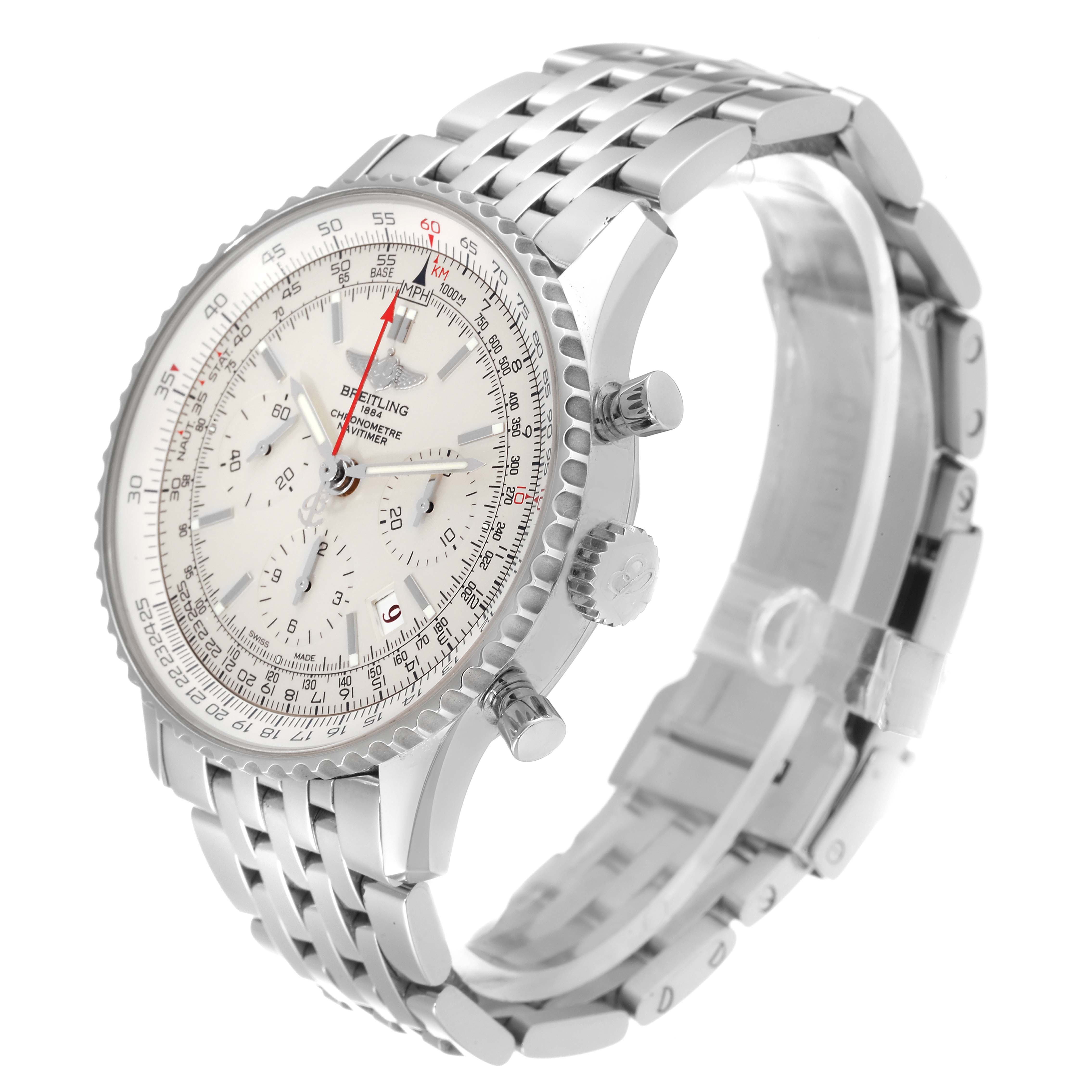 The Breitling Navitimer AB0123 Men's Stainless Steel Silver Dial AB0123 Men's Stainless Steel Silver Dial watch is shown from a three-quarter angle highlighting the face, bezel, crown, pushers, and metal bracelet.