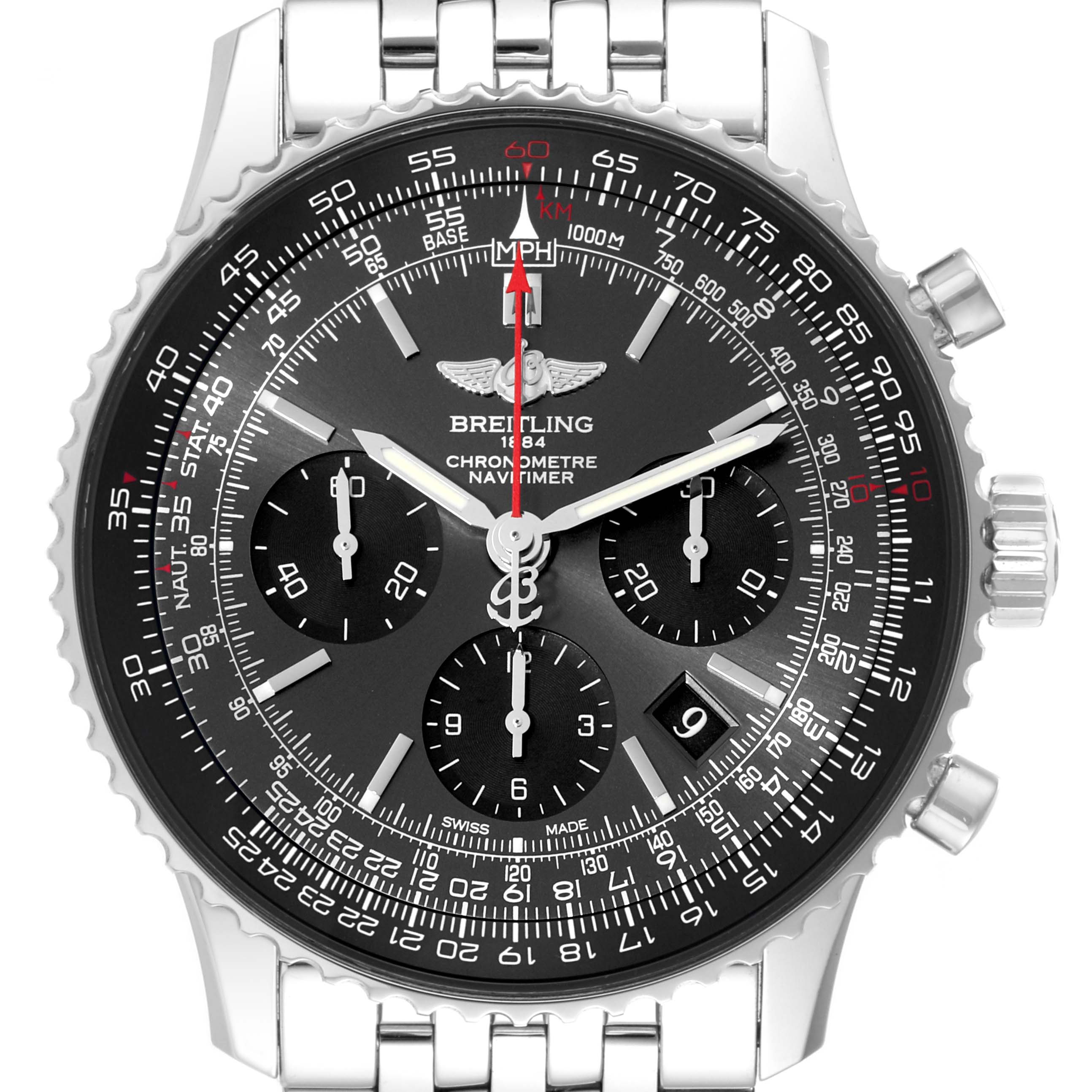 The image shows a front view of a Breitling Navitimer AB012124/F569 Men
s Stainless Steel Grey Dial AB012124/F569 Men
s Stainless Steel Grey Dial watch, revealing its dial, chronograph subdials, and metal bracelet.
