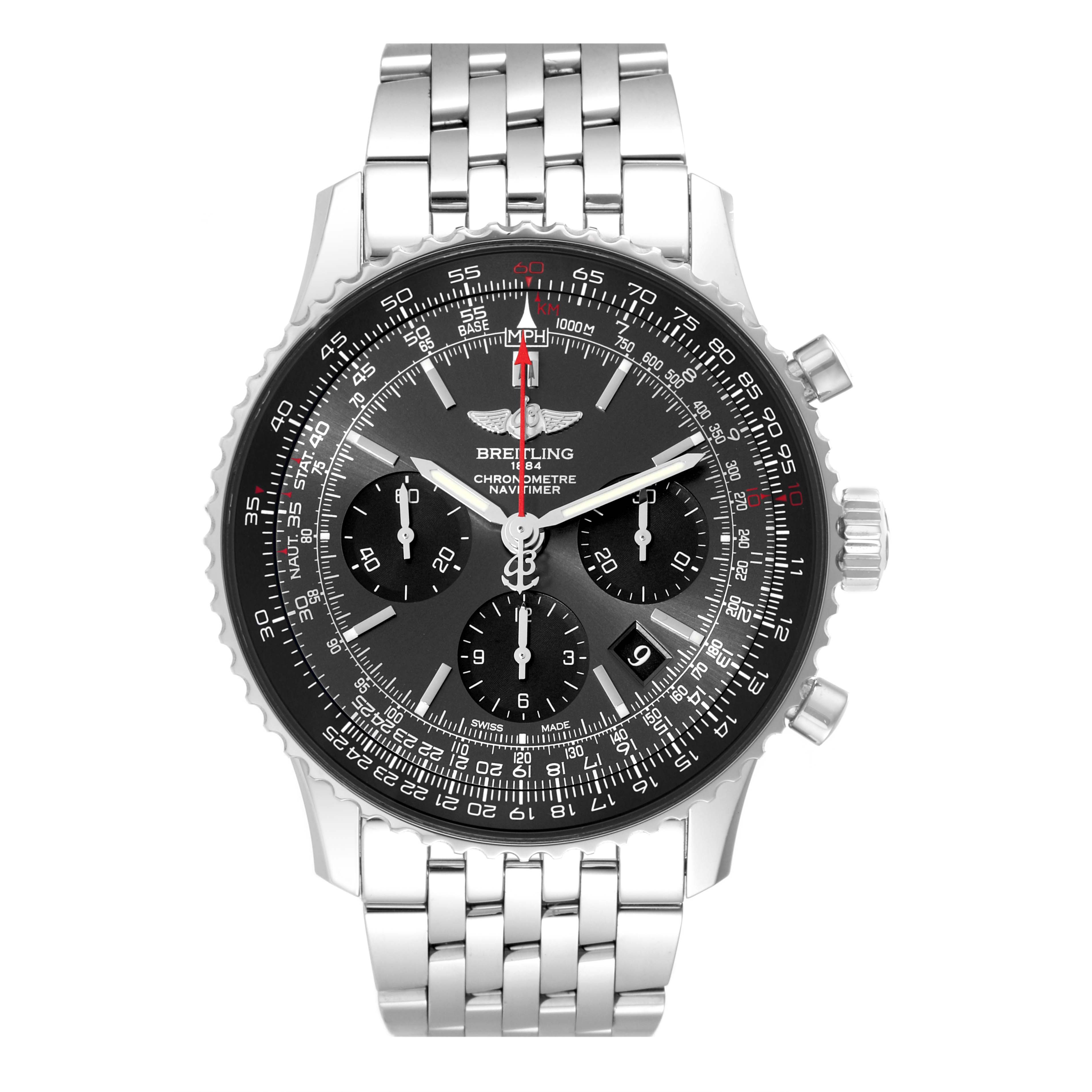 The image shows a front view of the Breitling Navitimer AB012124/F569 Men
s Stainless Steel Grey Dial AB012124/F569 Men
s Stainless Steel Grey Dial 8M Chronomètre Limited Series watch with its bracelet and detailed dial.