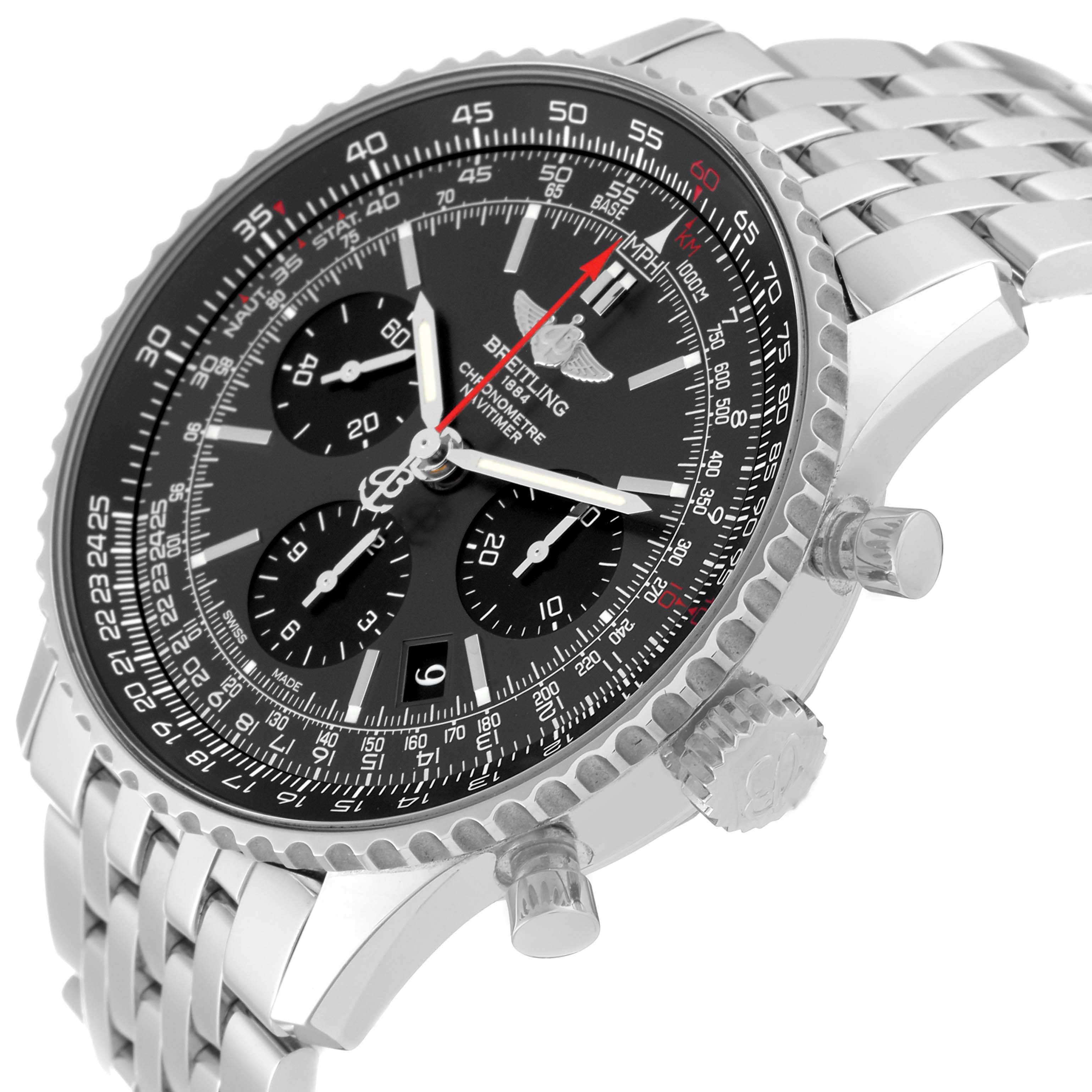 This Breitling Limited Series watch is shown from a side angle, highlighting the face, bezel, crown, pushers, and part of the bracelet.