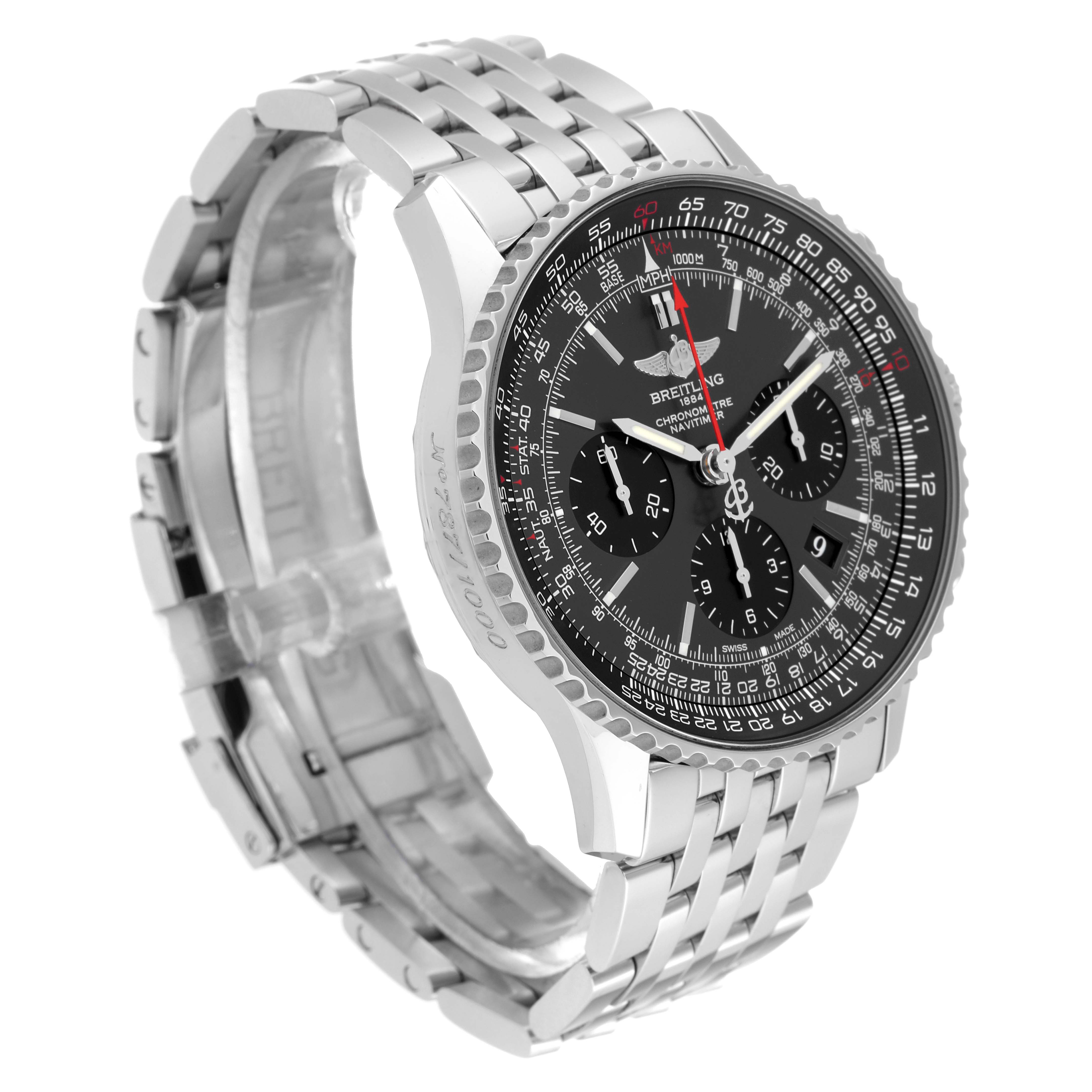 The image shows a Breitling Limited Series model watch from an angled side view, highlighting the face, bezel, and metal bracelet.