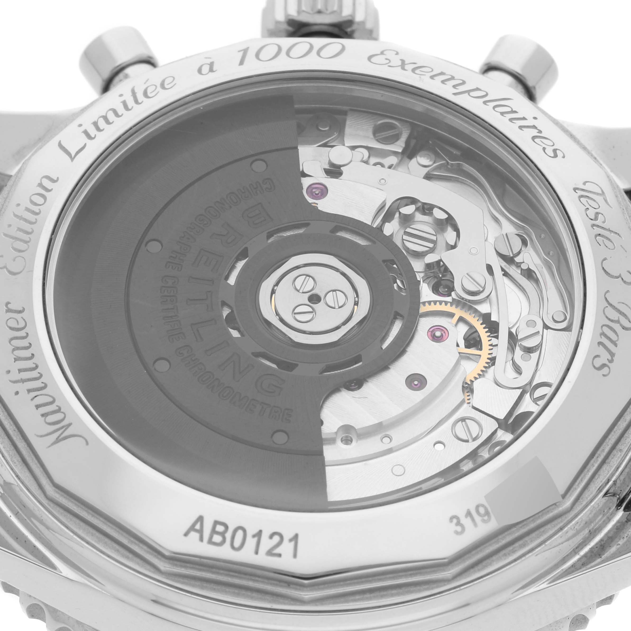 The image shows the back view of the Breitling Navitimer AB012124/F569 Men
s Stainless Steel Grey Dial AB012124/F569 Men
s Stainless Steel Grey Dial Limited Series watch, highlighting its intricate mechanical movement.