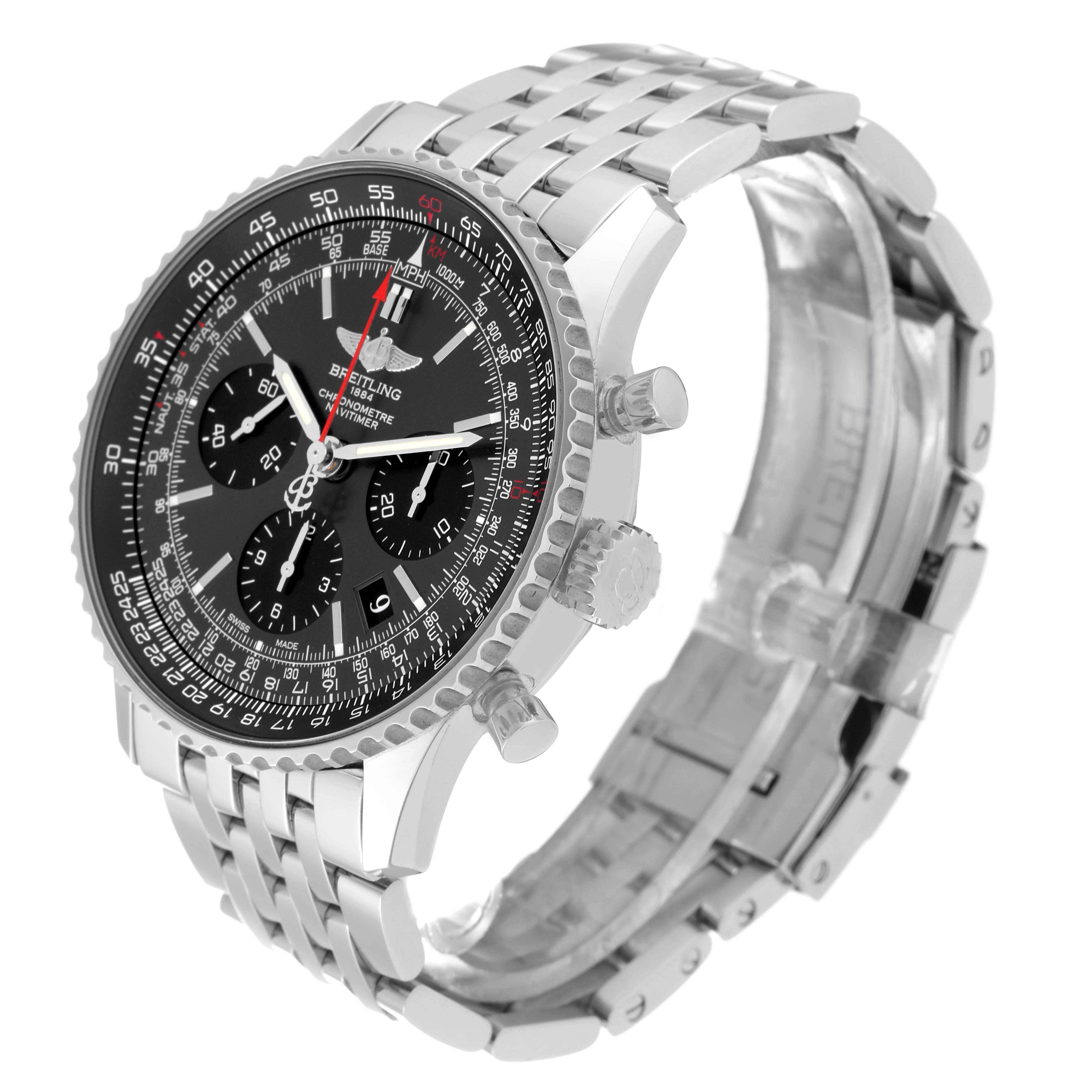 The image shows a Breitling Limited Series watch at a three-quarter angle, highlighting the dial, bezel, and metal bracelet.