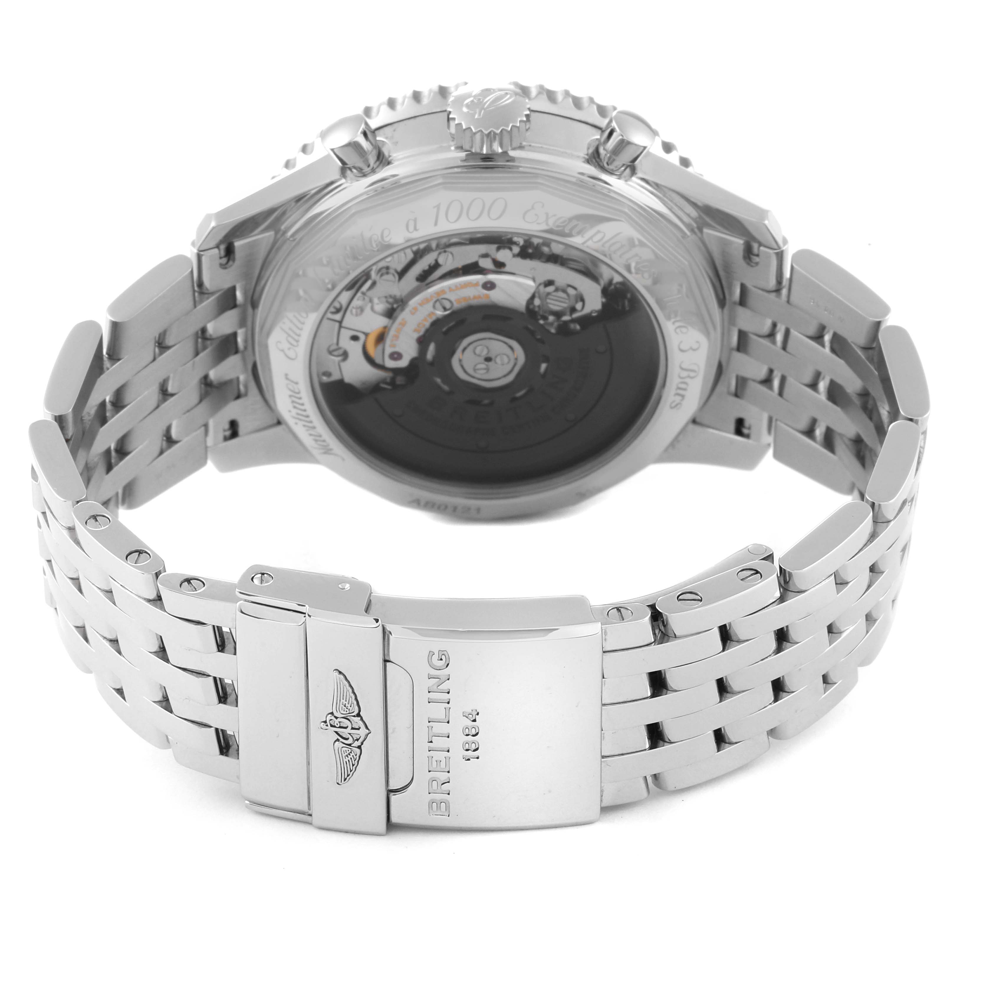 The image shows the back side of the Breitling Limited Series watch, focusing on the clasp and the open case back.