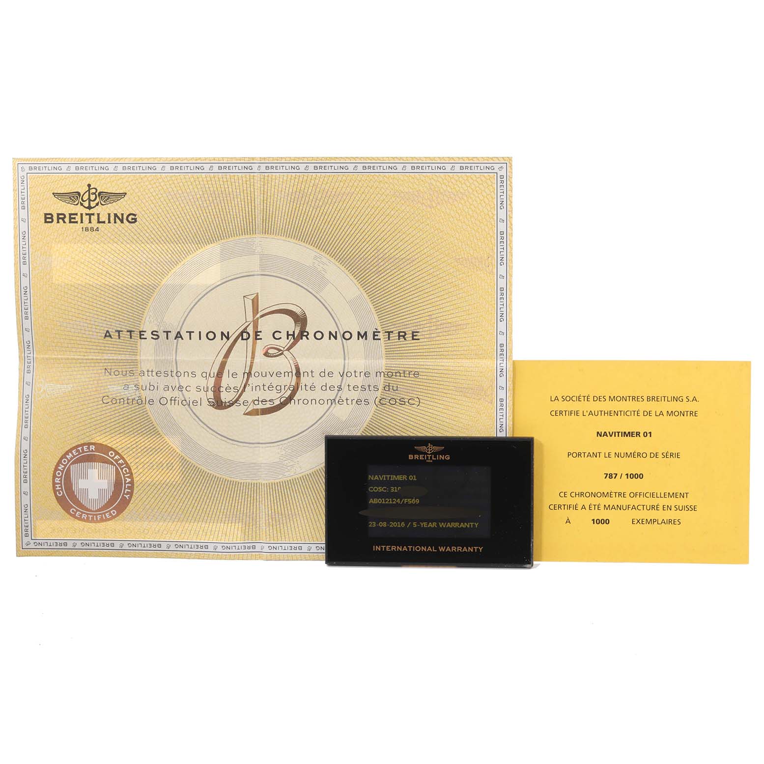 The image shows the warranty card, chronometer certificate, and Best Quality
ity certificate for the Breitling Navitimer AB012124/F569 Men
s Stainless Steel Grey Dial AB012124/F569 Men
s Stainless Steel Grey Dial 01 Limited Series model.