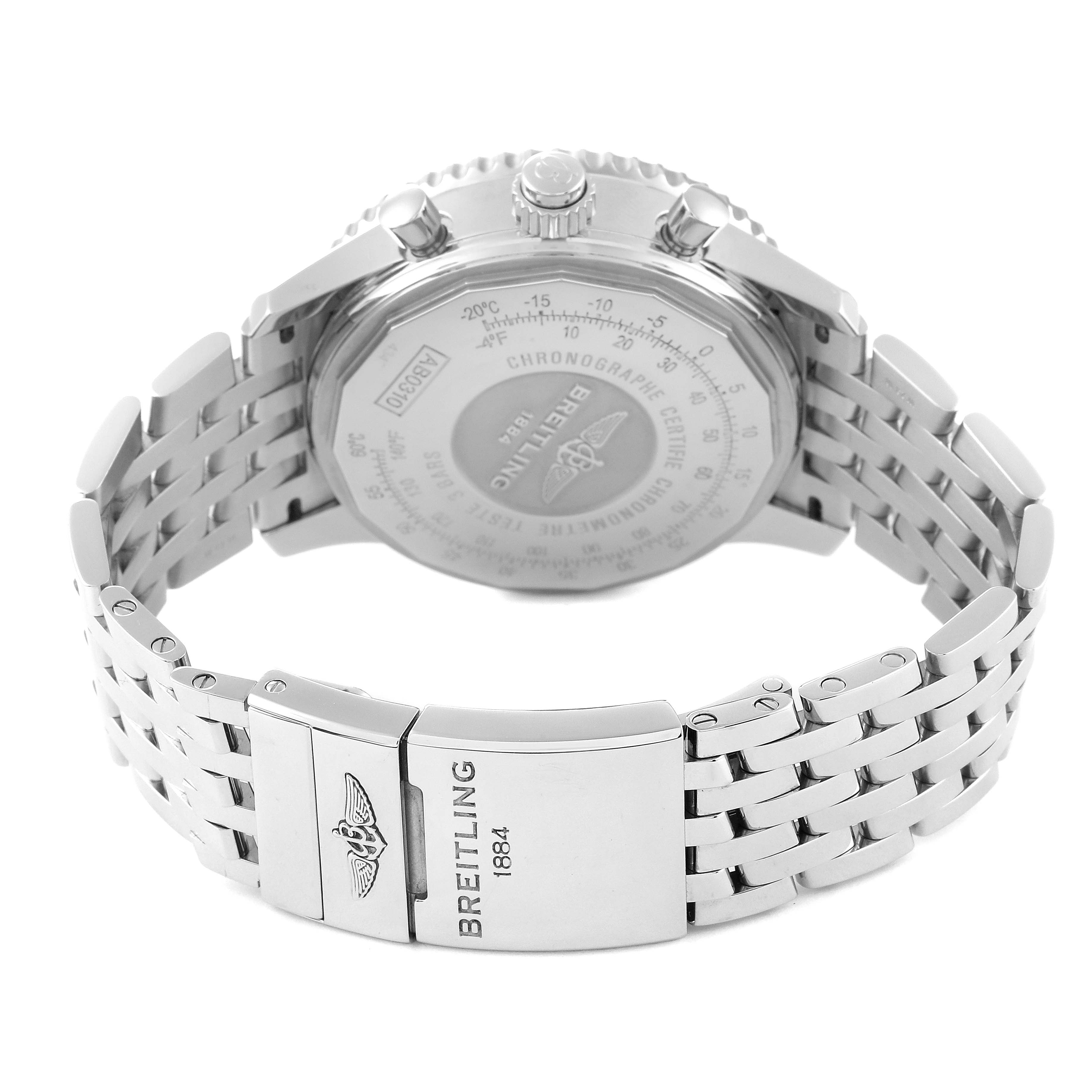 The image displays the back view of a Breitling Navitimer AB0310 Men's Stainless Steel Brown Dial AB0310 Men's Stainless Steel Brown Dial watch, showcasing the case back, crown, pushers, and metal bracelet with clasp.