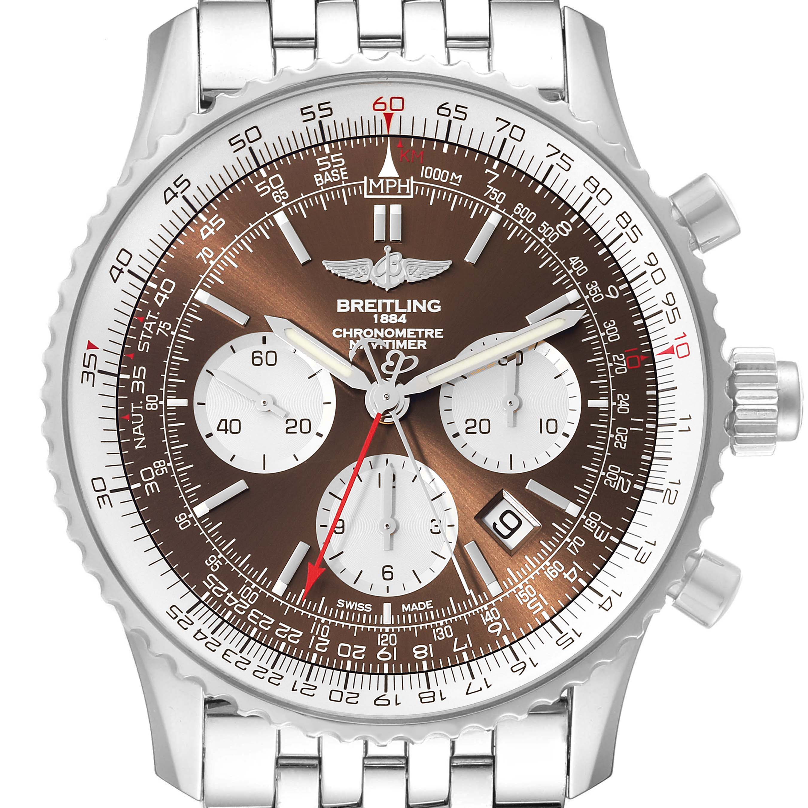 This image shows a front view of the Breitling Navitimer AB0310 Men's Stainless Steel Brown Dial AB0310 Men's Stainless Steel Brown Dial watch, highlighting its dial, subdials, and metal bracelet.