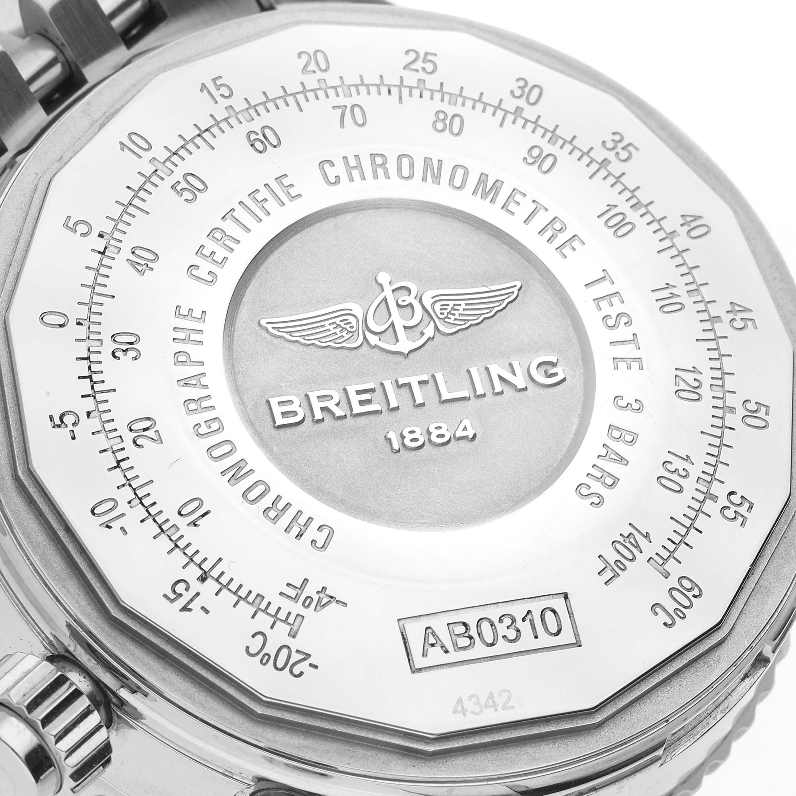 The image shows the back of a Breitling Navitimer AB0310 Men's Stainless Steel Brown Dial AB0310 Men's Stainless Steel Brown Dial watch, highlighting the engraved model details and chronometer information.