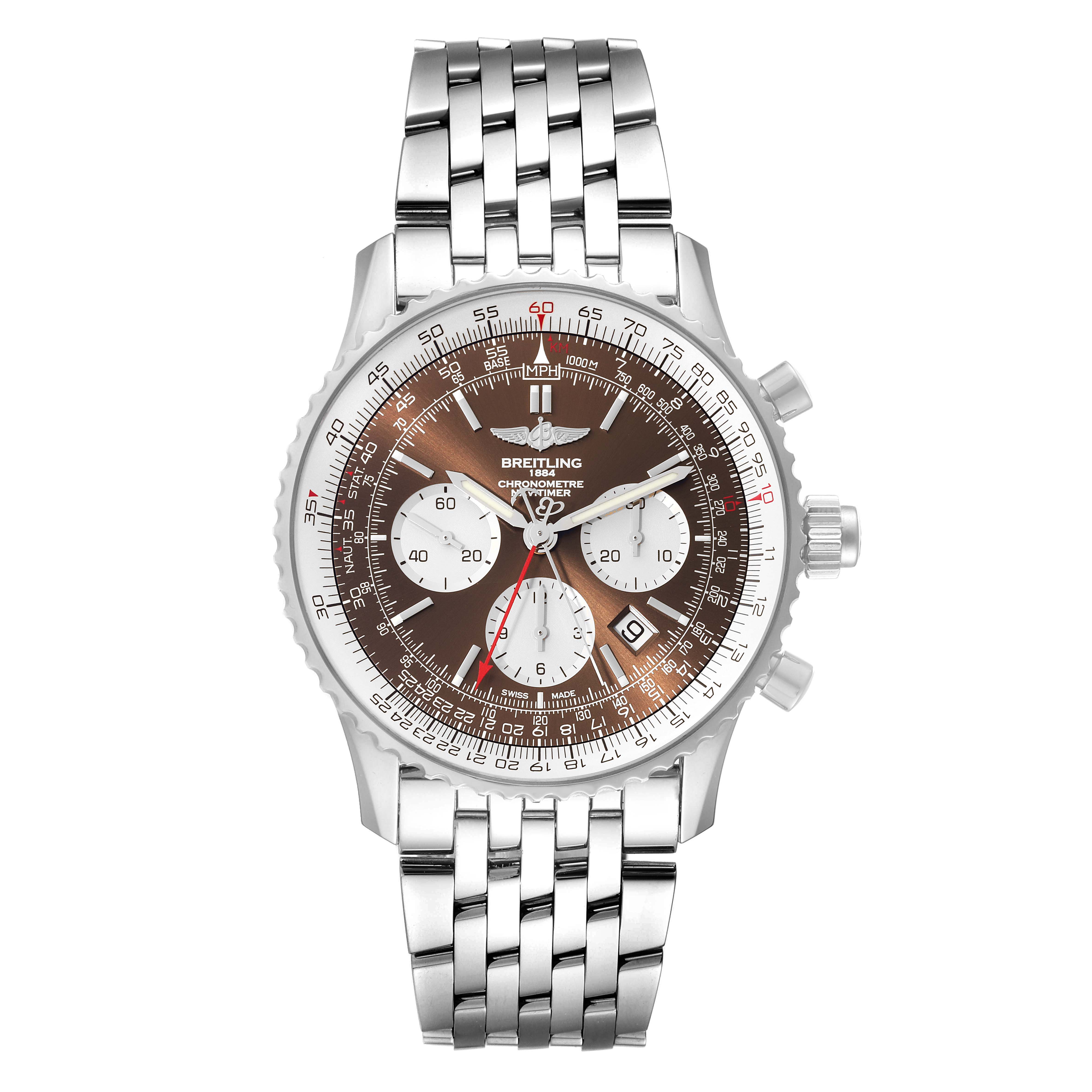 The image shows a front view of a Breitling Navitimer AB0310 Men's Stainless Steel Brown Dial AB0310 Men's Stainless Steel Brown Dial watch with a brown dial, three sub-dials, and a steel bracelet.