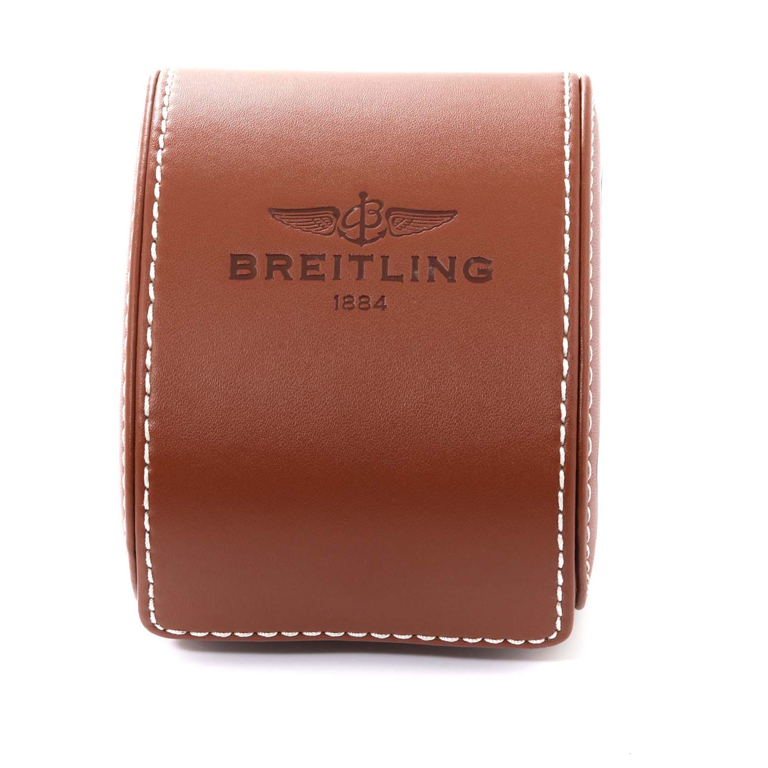 The image shows a brown leather Breitling watch case with white stitching for the Navitimer model, viewed from the front.