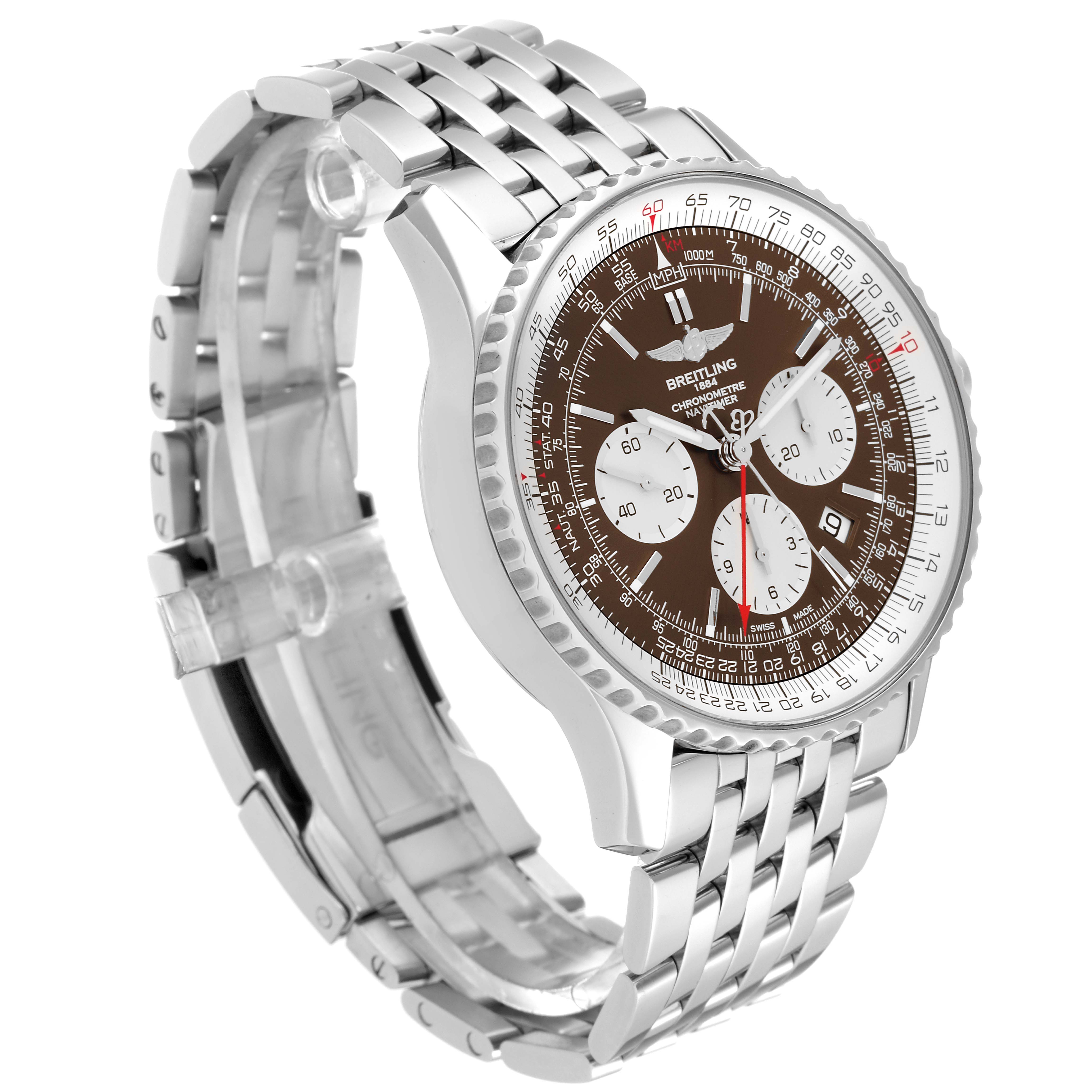 This image shows a Breitling Navitimer AB0310 Men's Stainless Steel Brown Dial AB0310 Men's Stainless Steel Brown Dial watch at an angled side view, highlighting its dial, bezel, and bracelet.