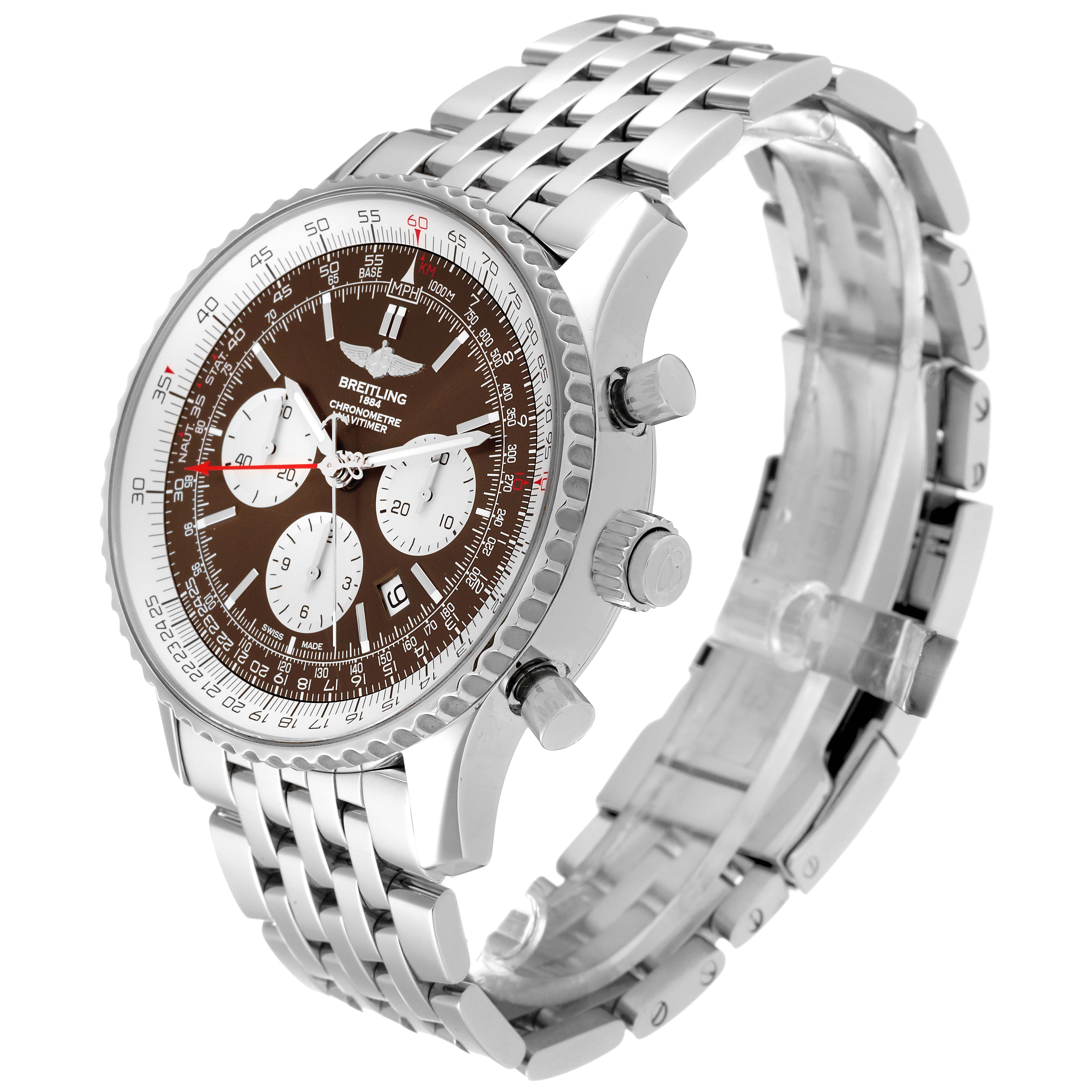 The image shows a Breitling Navitimer AB0310 Men's Stainless Steel Brown Dial AB0310 Men's Stainless Steel Brown Dial watch at a three-quarter angle, highlighting the face, bezel, crown, and metal bracelet.