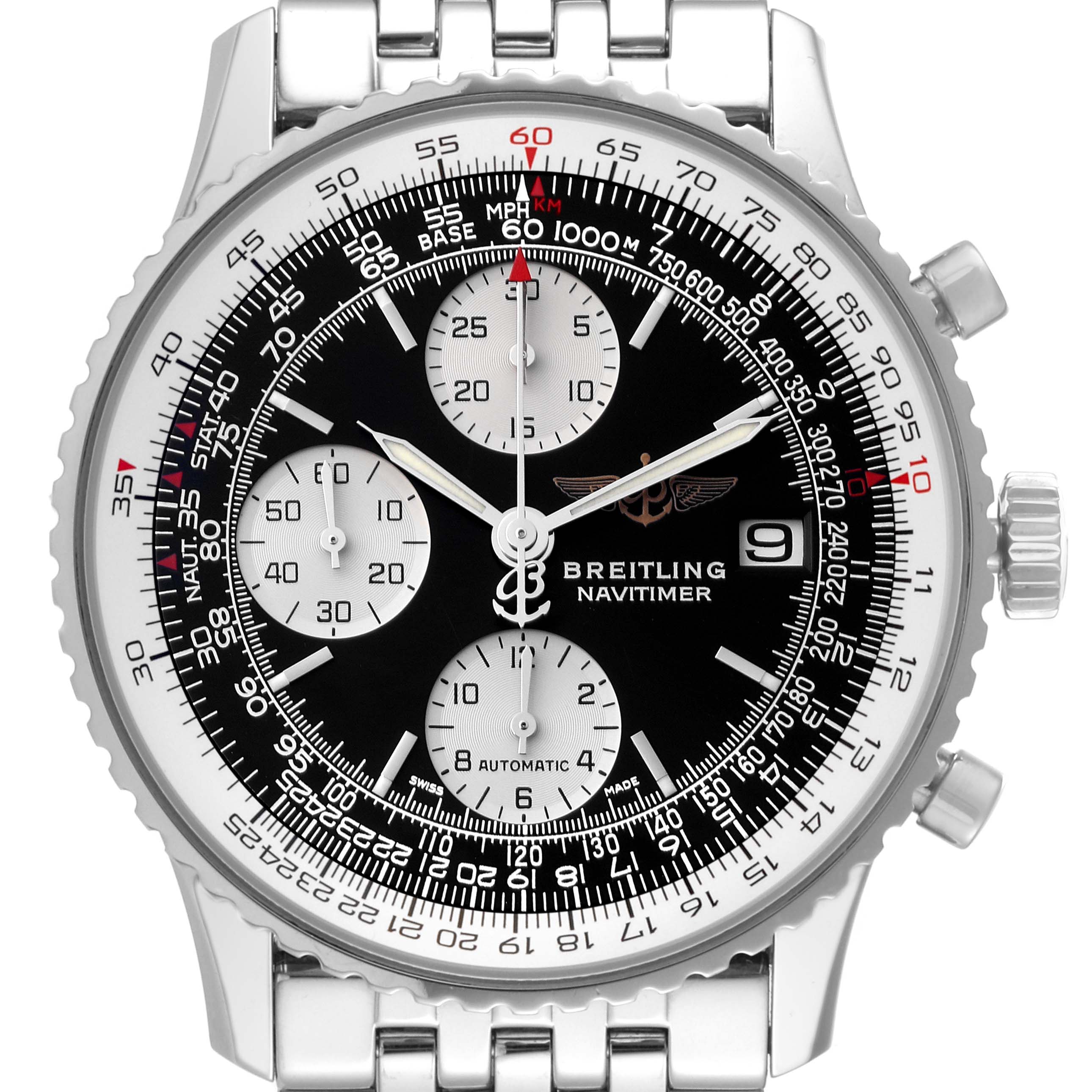 The image shows a front view of a Breitling Navitimer A1332412/BD49 Men
s Stainless Steel Black Dial A1332412/BD49 Men
s Stainless Steel Black Dial watch, displaying its face, bezel, and stainless steel bracelet.