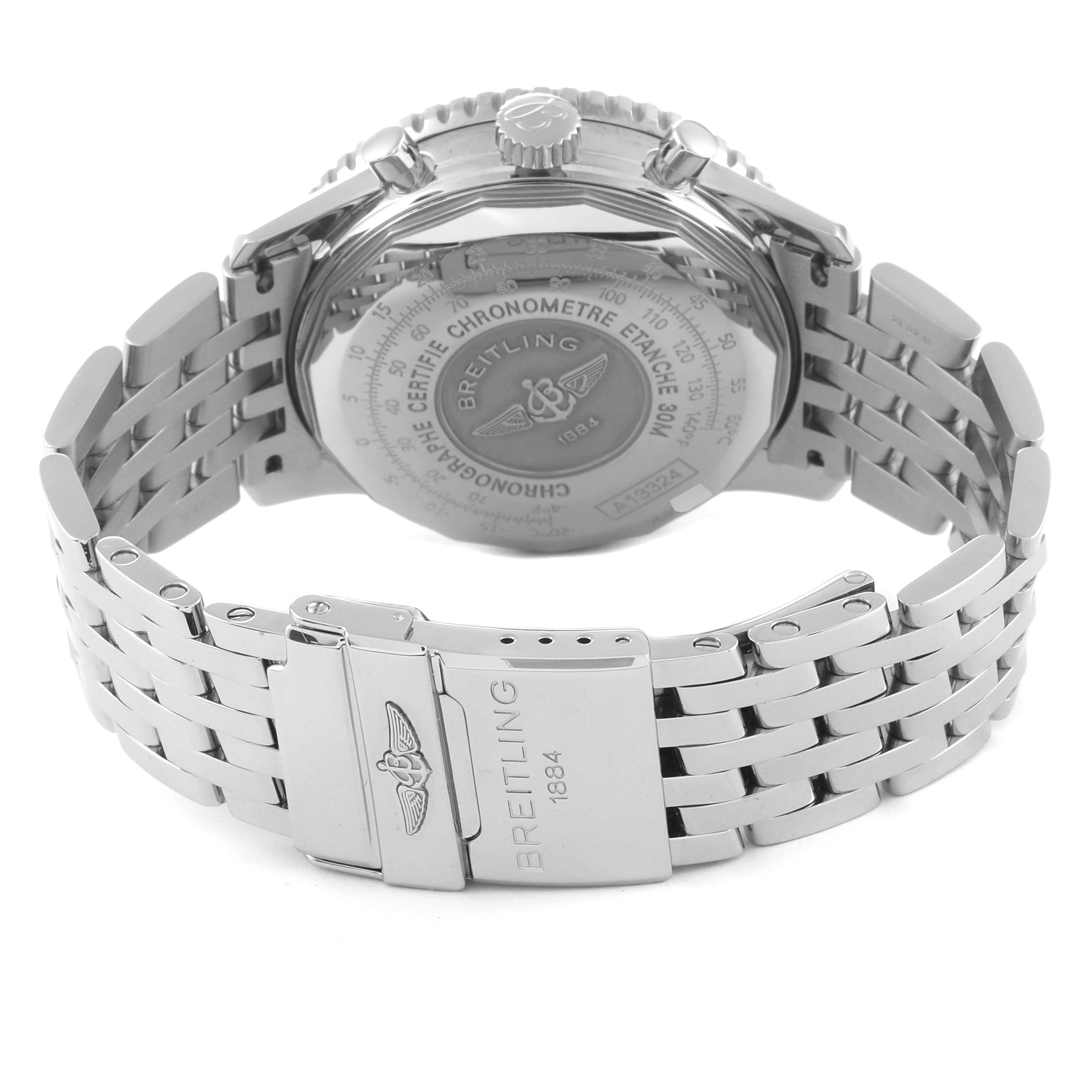 This image shows the back case and clasp of a Breitling Navitimer A1332412/BD49 Men
s Stainless Steel Black Dial A1332412/BD49 Men
s Stainless Steel Black Dial watch at an angle.