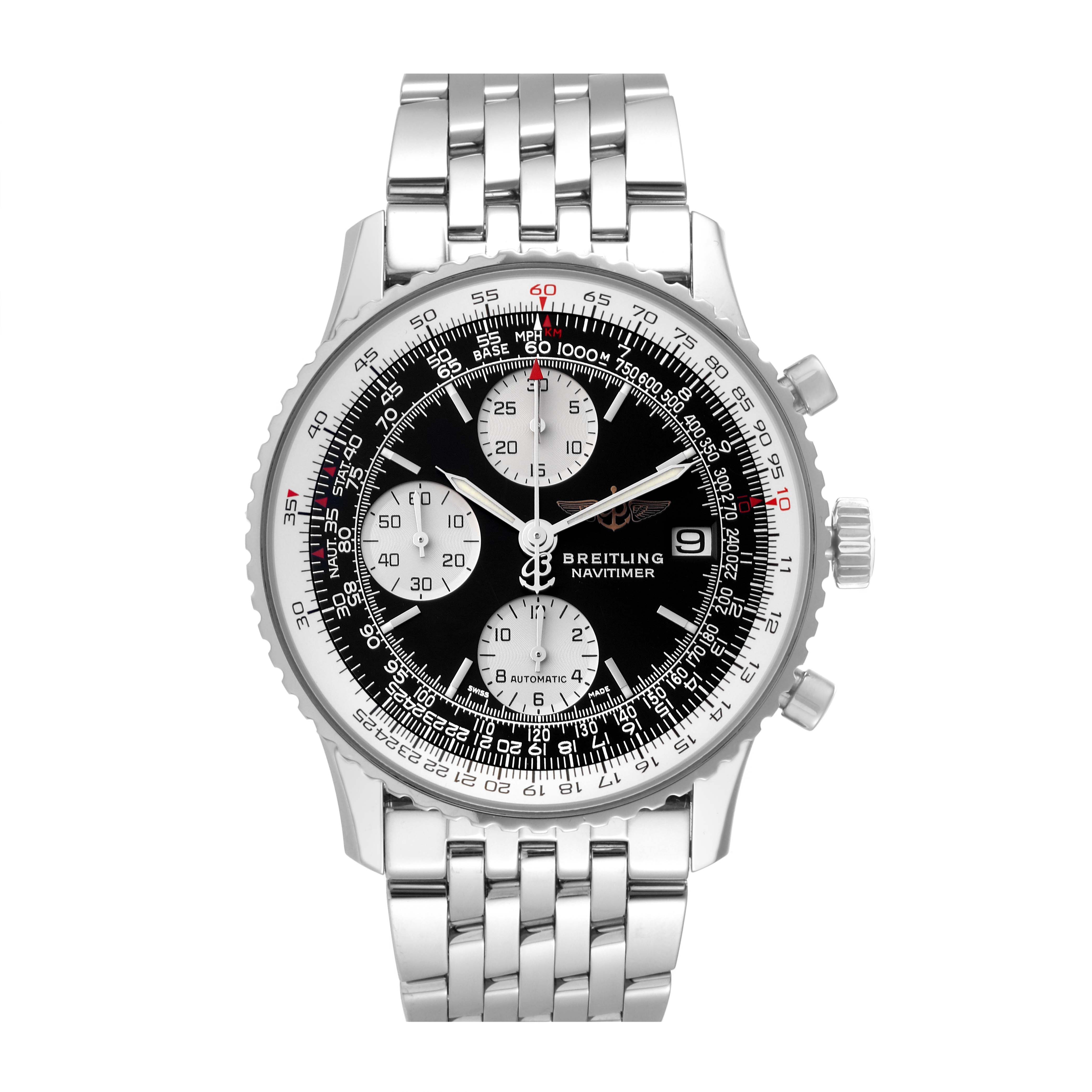 This image shows a Breitling Navitimer A1332412/BD49 Men
s Stainless Steel Black Dial A1332412/BD49 Men
s Stainless Steel Black Dial watch from a front angle, highlighting the bezel, dial, sub-dials, and stainless steel bracelet.