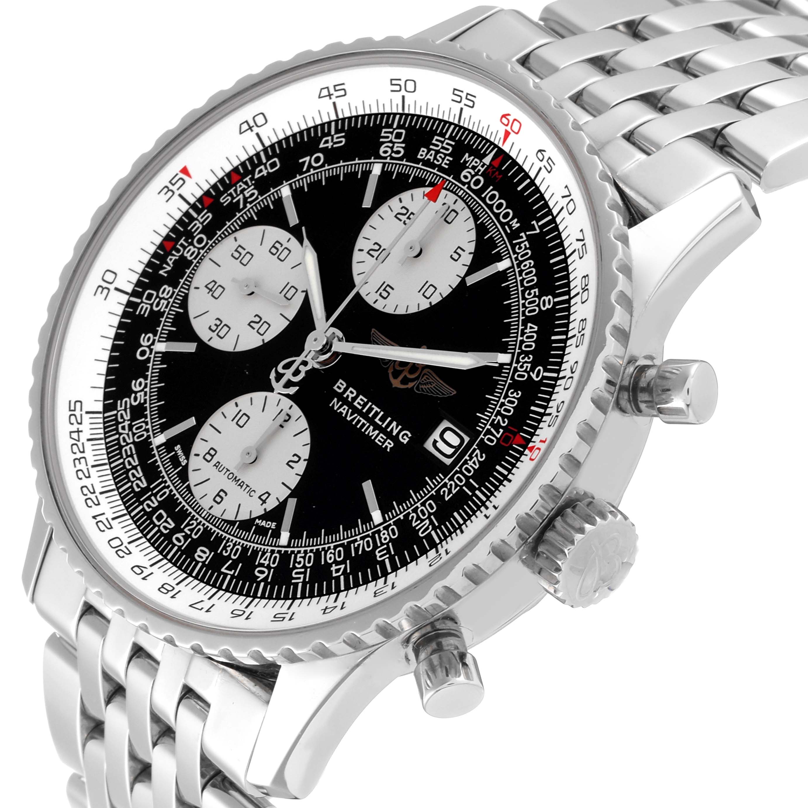 The image shows a close-up of the Breitling Navitimer A1332412/BD49 Men
s Stainless Steel Black Dial A1332412/BD49 Men
s Stainless Steel Black Dial watch, highlighting its dial, bezel, side buttons, and metal bracelet.