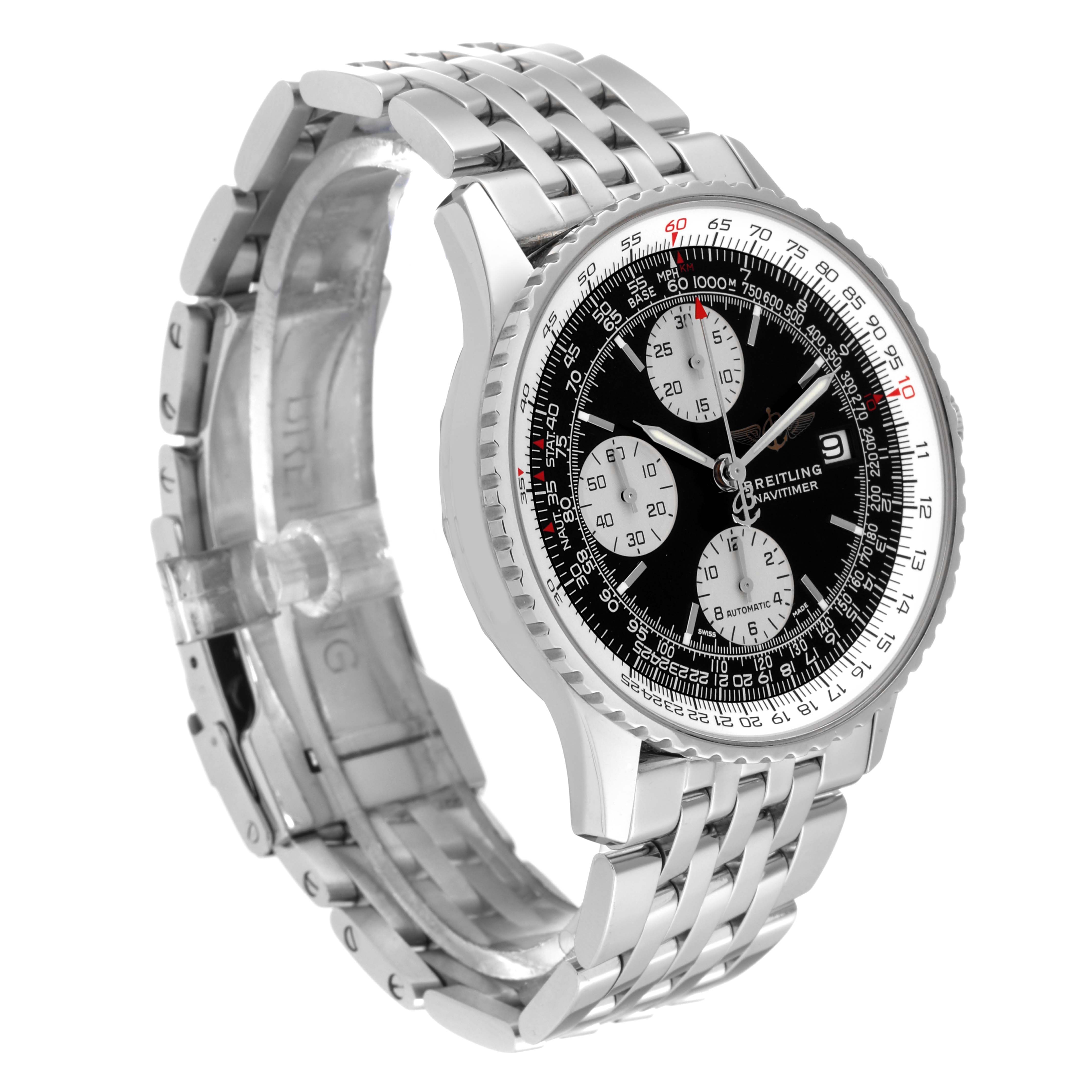 This image shows a Breitling Navitimer A1332412/BD49 Men
s Stainless Steel Black Dial A1332412/BD49 Men
s Stainless Steel Black Dial watch at a three-quarter angle, highlighting its face, bezel, and bracelet.