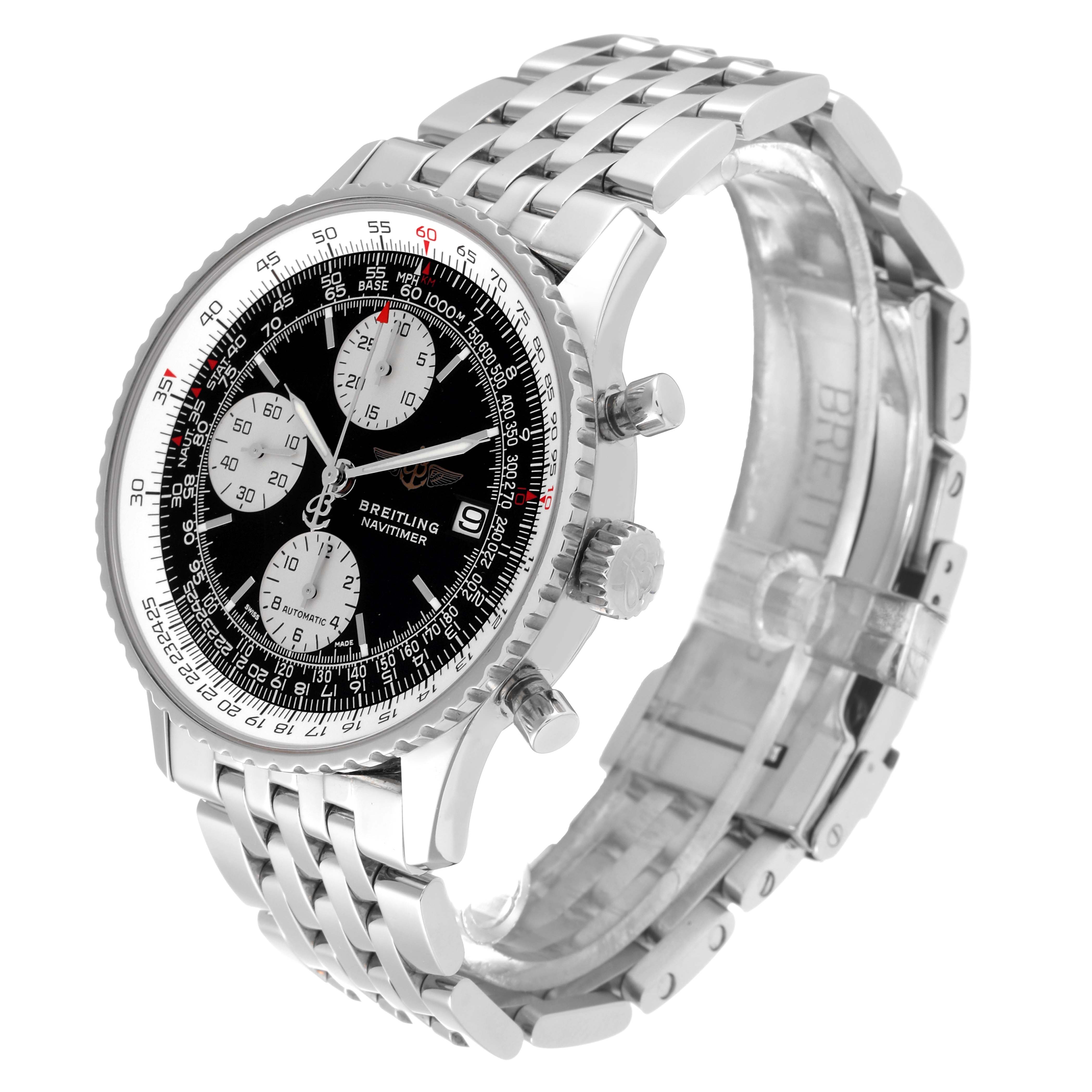 The Breitling Navitimer A1332412/BD49 Men
s Stainless Steel Black Dial A1332412/BD49 Men
s Stainless Steel Black Dial watch is shown at a three-quarter angle, displaying its face, bezel, and metal bracelet.