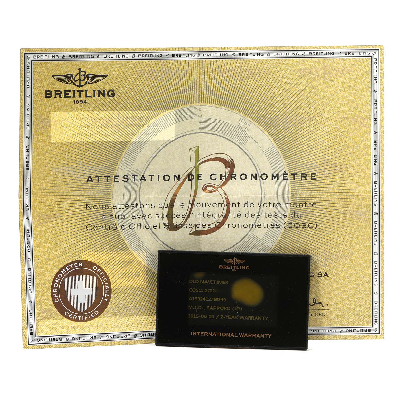 The image shows a Breitling Navitimer A13324 Men's Stainless Steel Black Dial A13324 Men's Stainless Steel Black Dial certificate and an international warranty card.