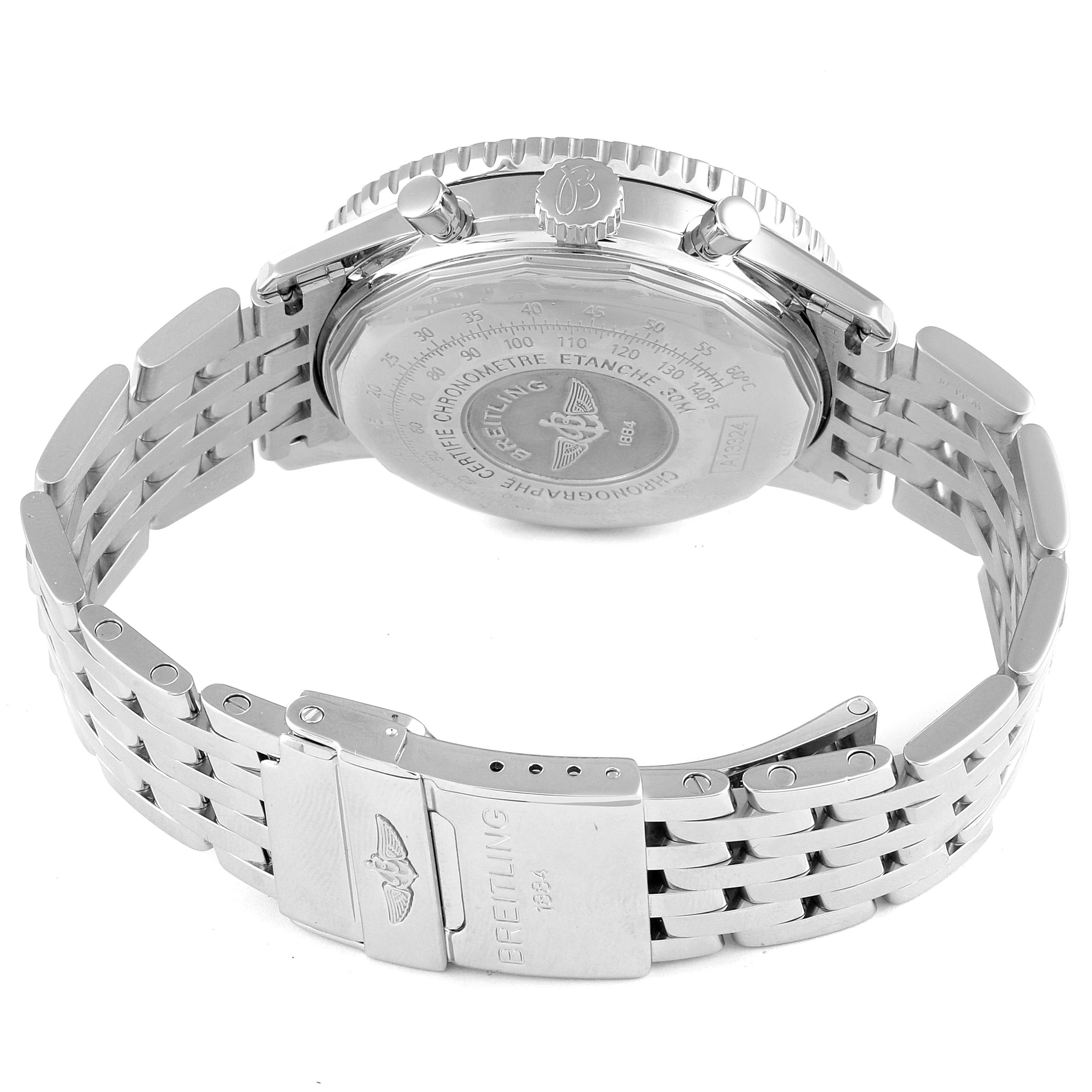 The image shows the back case and bracelet of a Breitling Navitimer A13324 Men's Stainless Steel Black Dial A13324 Men's Stainless Steel Black Dial watch, viewed from the rear.
