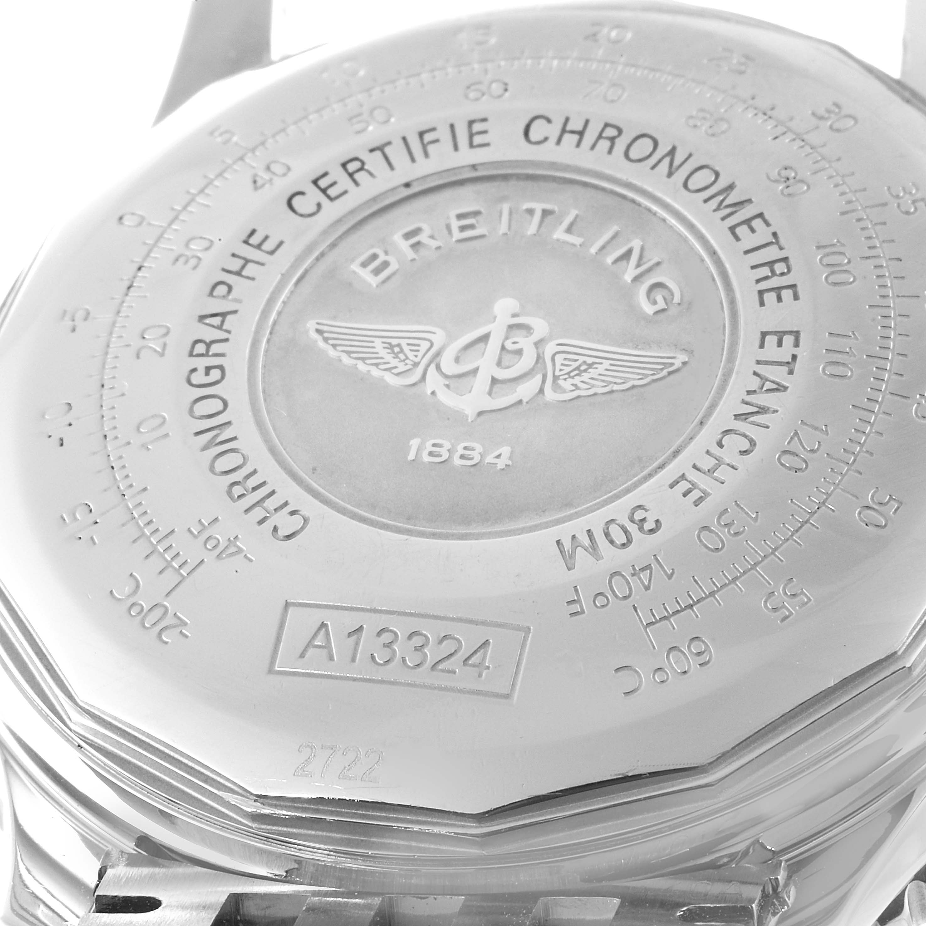 The image shows the back case of a Breitling Navitimer A13324 Men's Stainless Steel Black Dial A13324 Men's Stainless Steel Black Dial watch from a close-up angle.