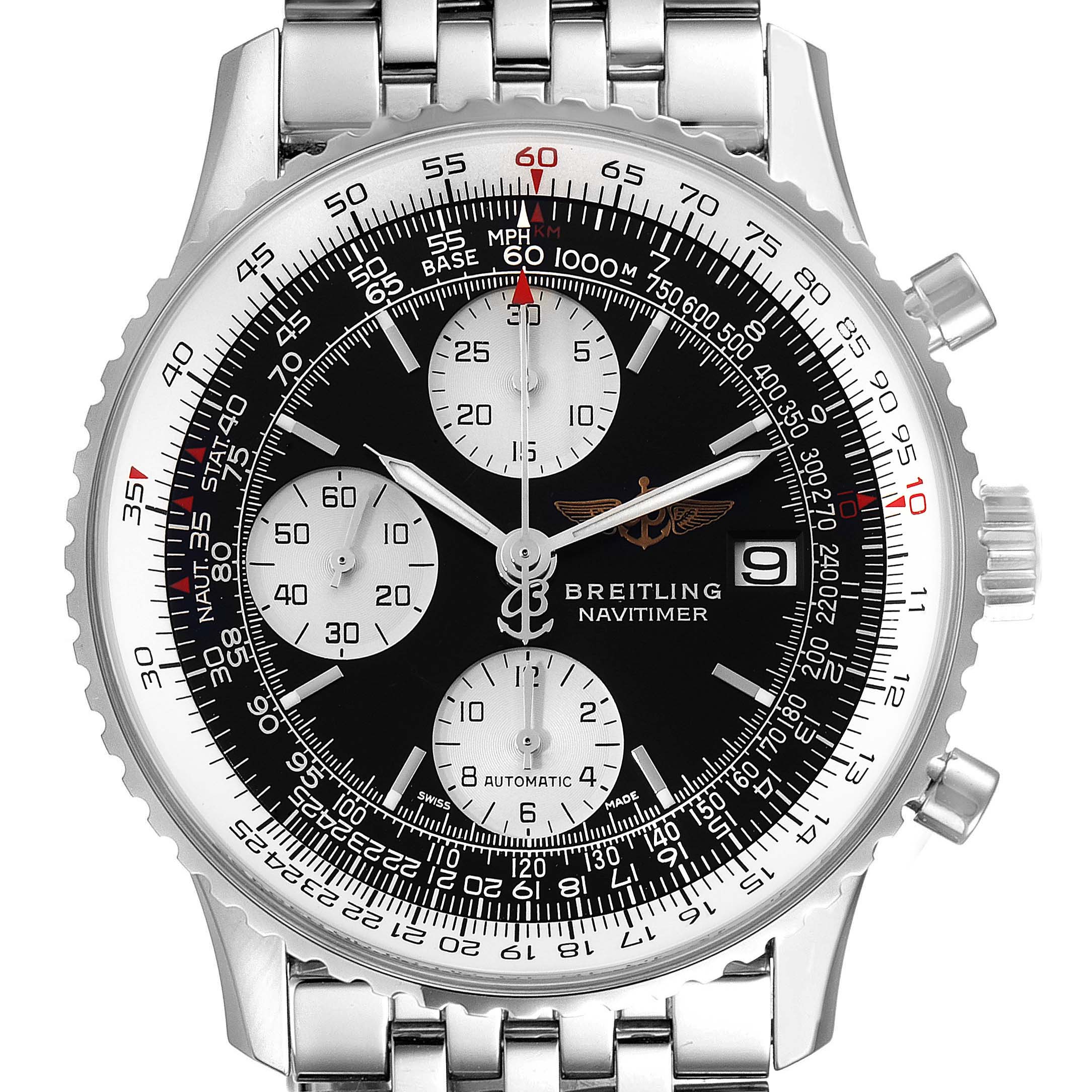The image shows a frontal view of a Breitling Navitimer A13324 Men's Stainless Steel Black Dial A13324 Men's Stainless Steel Black Dial watch, highlighting the face, bezel, and part of the bracelet.
