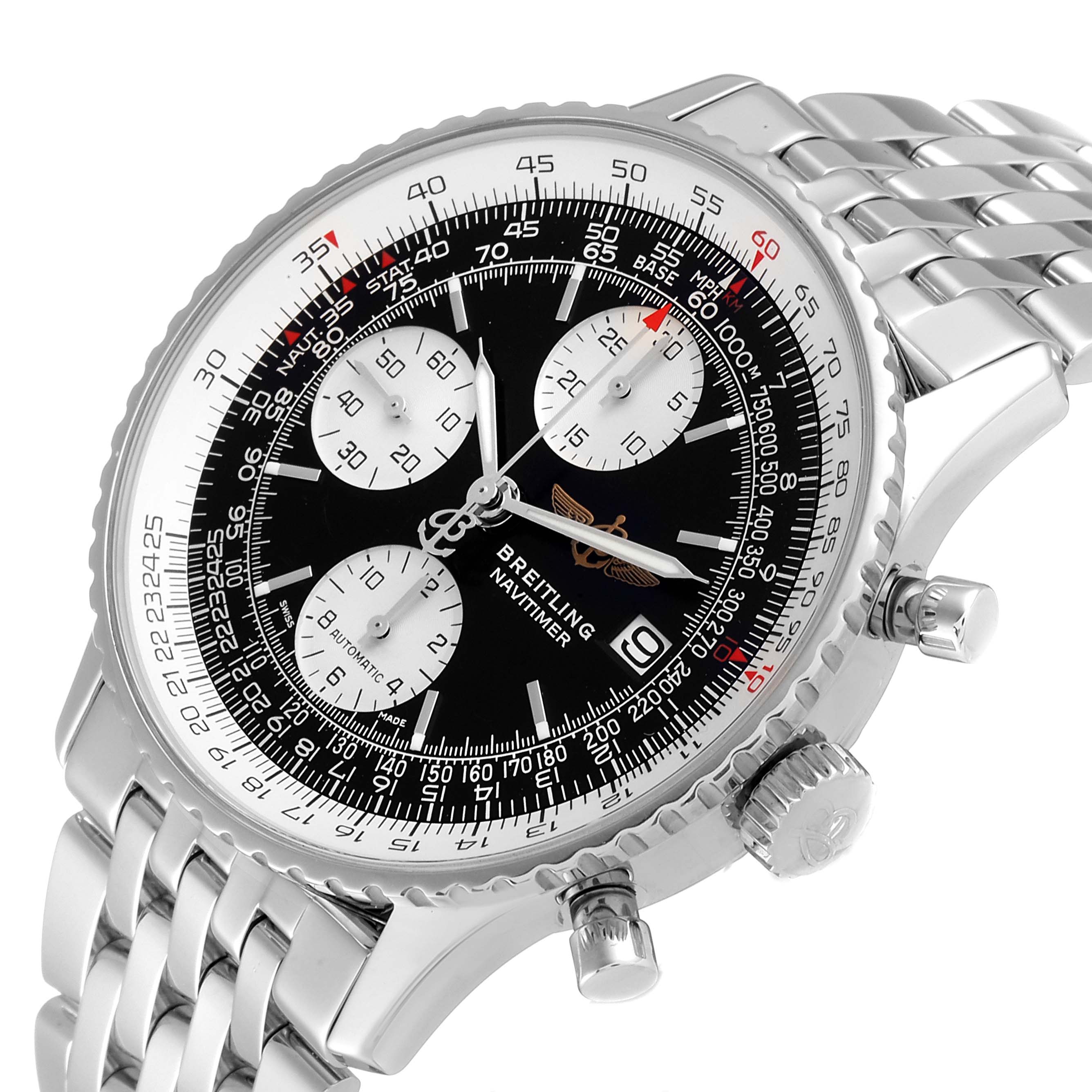 The Breitling Navitimer A13324 Men's Stainless Steel Black Dial A13324 Men's Stainless Steel Black Dial watch is shown at an angled view, displaying its face, bezel, crown, and part of its stainless steel bracelet.