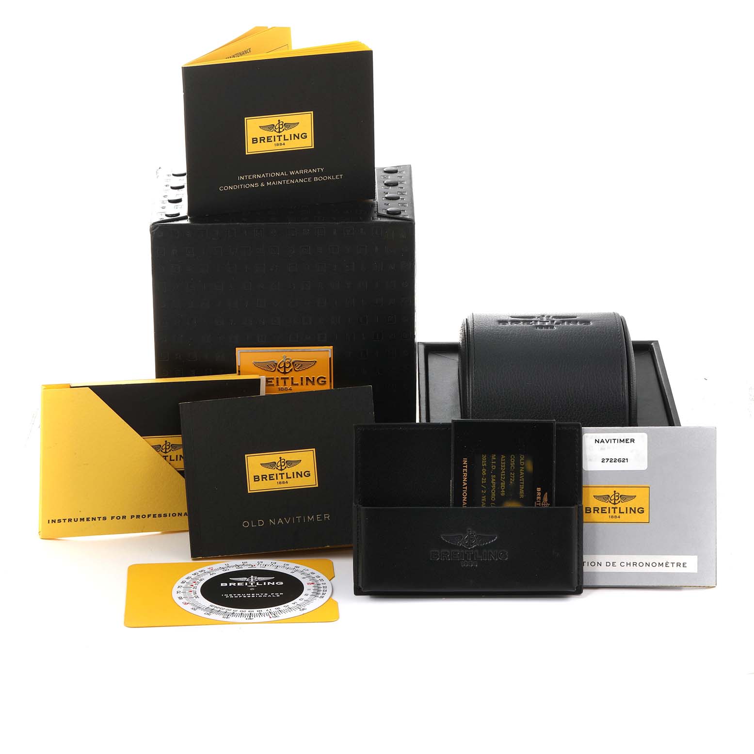 The image shows the packaging and accessories for a Breitling Navitimer A13324 Men's Stainless Steel Black Dial A13324 Men's Stainless Steel Black Dial, including booklets, box, and warranty card.