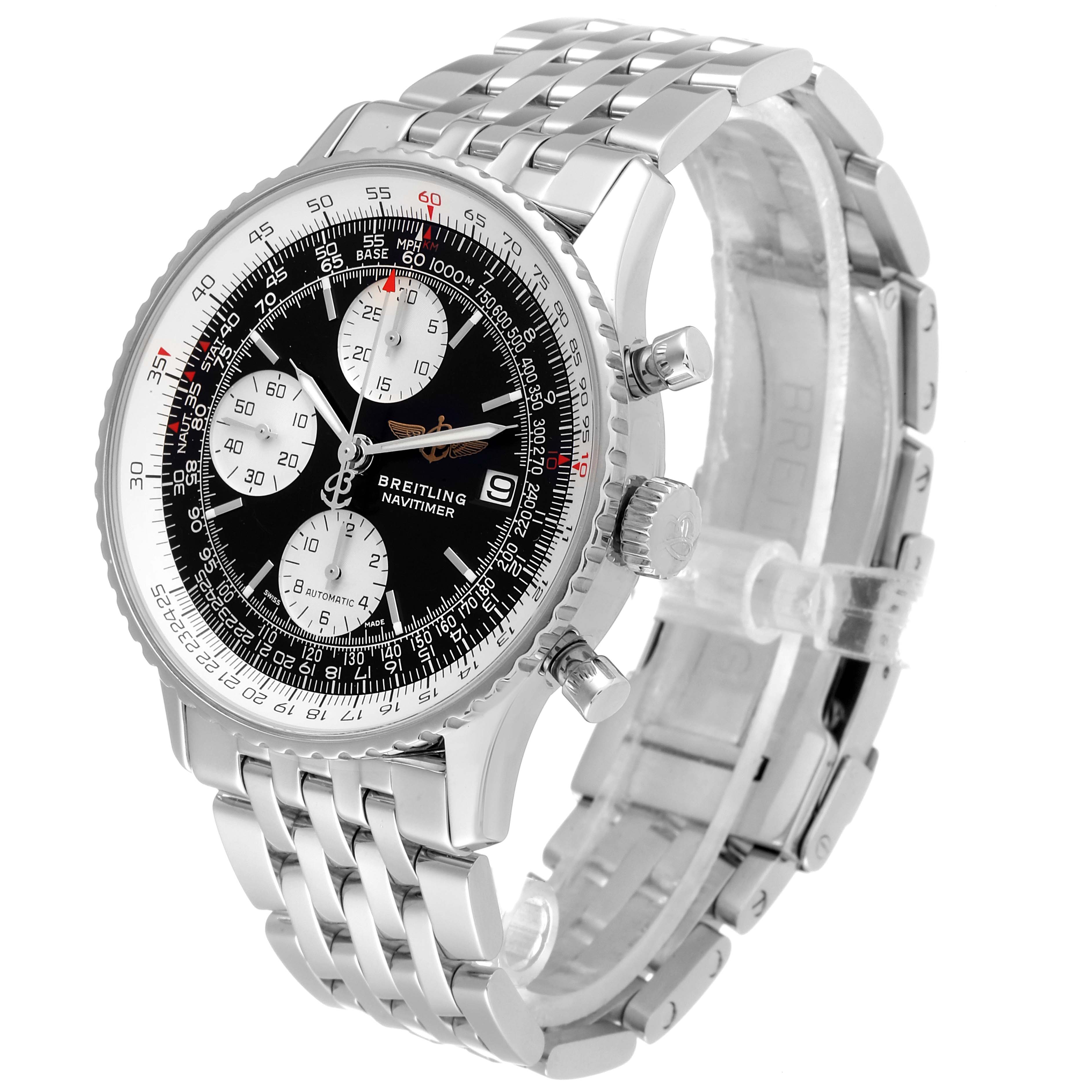 This image shows a Breitling Navitimer A13324 Men's Stainless Steel Black Dial A13324 Men's Stainless Steel Black Dial watch angled slightly to the right, highlighting its face, bezel, pushers, and stainless steel bracelet.