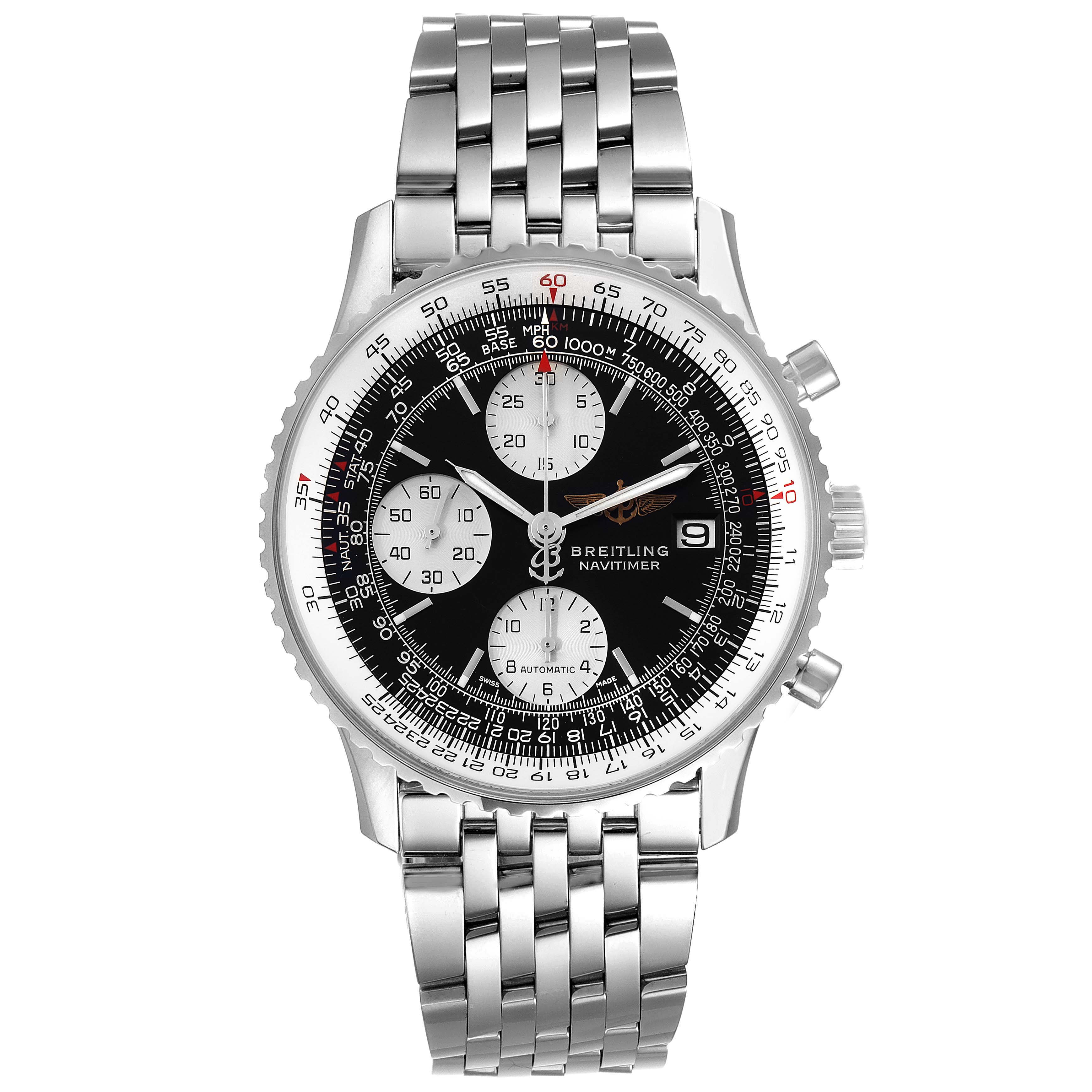The image shows a front view of a Breitling Navitimer A13324 Men's Stainless Steel Black Dial A13324 Men's Stainless Steel Black Dial watch displaying its dial, bezel, and bracelet in full.