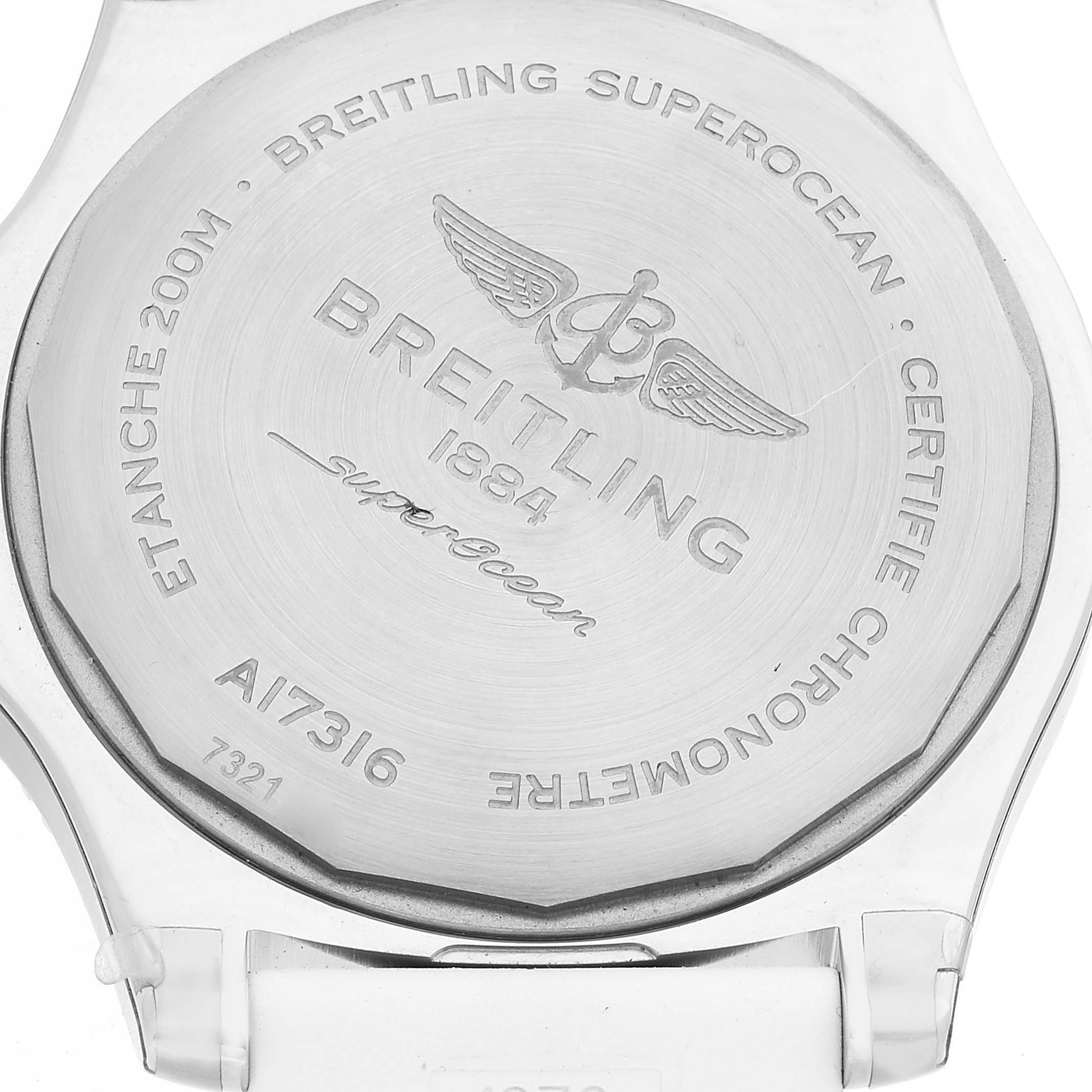 This image shows the back case of the Breitling A17316 Women's Stainless Steel White Dial A17316 Women's Stainless Steel White Dial Superocean 36mm White Dial Ladies Watch A17316.