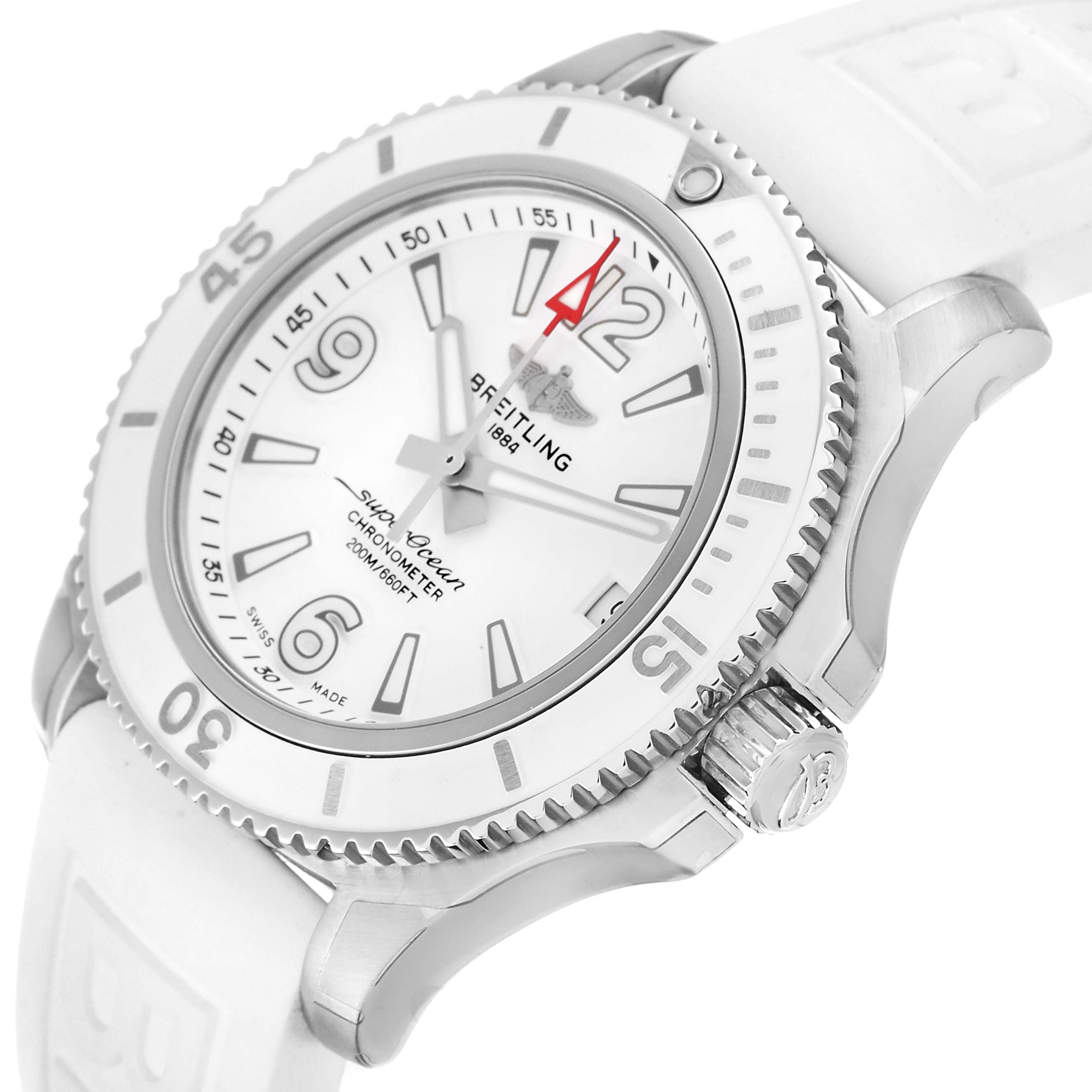 This image shows a side and partial top view of the Breitling A17316 Women's Stainless Steel White Dial A17316 Women's Stainless Steel White Dial Superocean 36mm White Dial Ladies Watch A17316 Unworn model, displaying its bezel, dial, and strap.