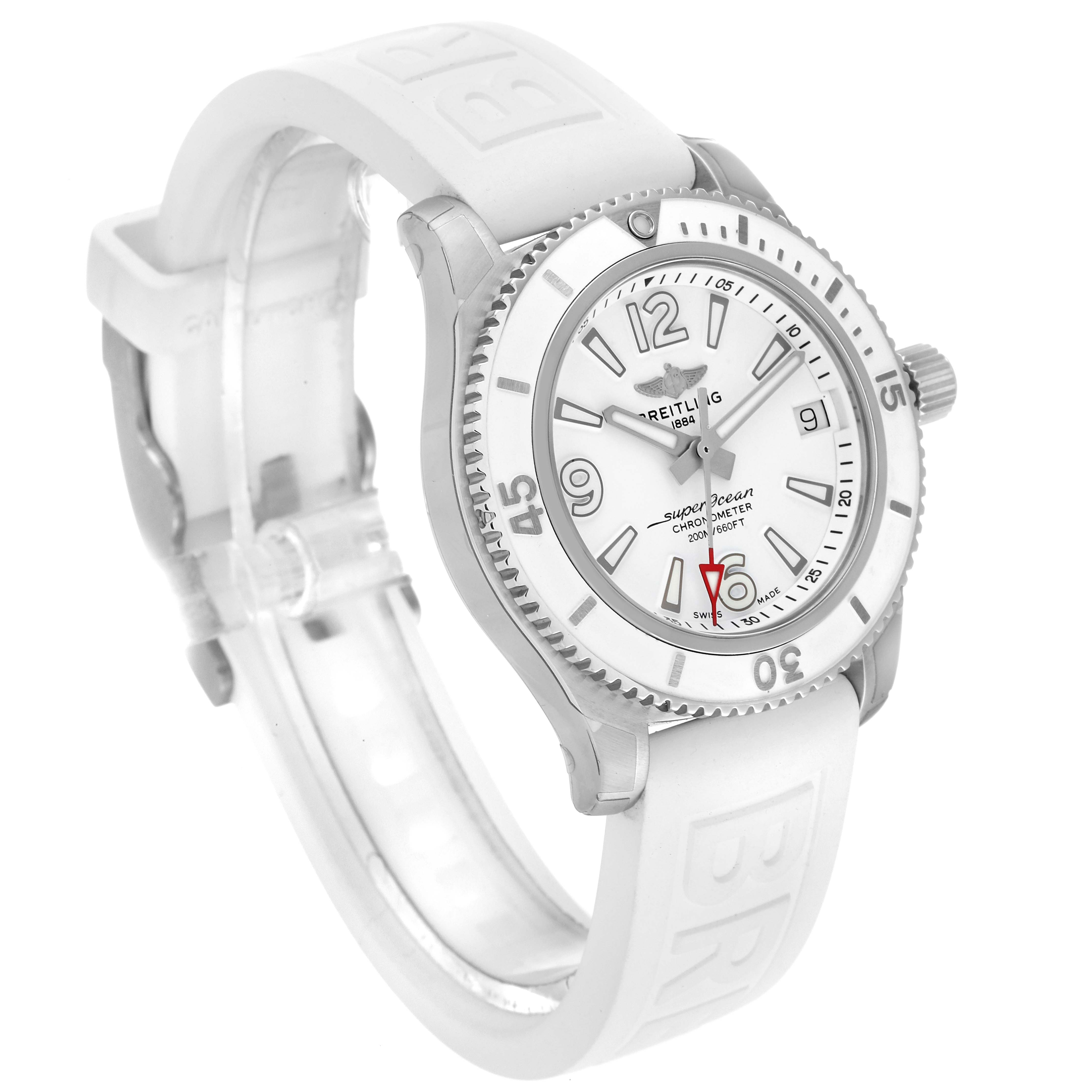 The Breitling A17316 Women's Stainless Steel White Dial A17316 Women's Stainless Steel White Dial Superocean 36mm White Dial Ladies Watch A17316 is shown at a three-quarter angle, highlighting the face, bezel, and strap.