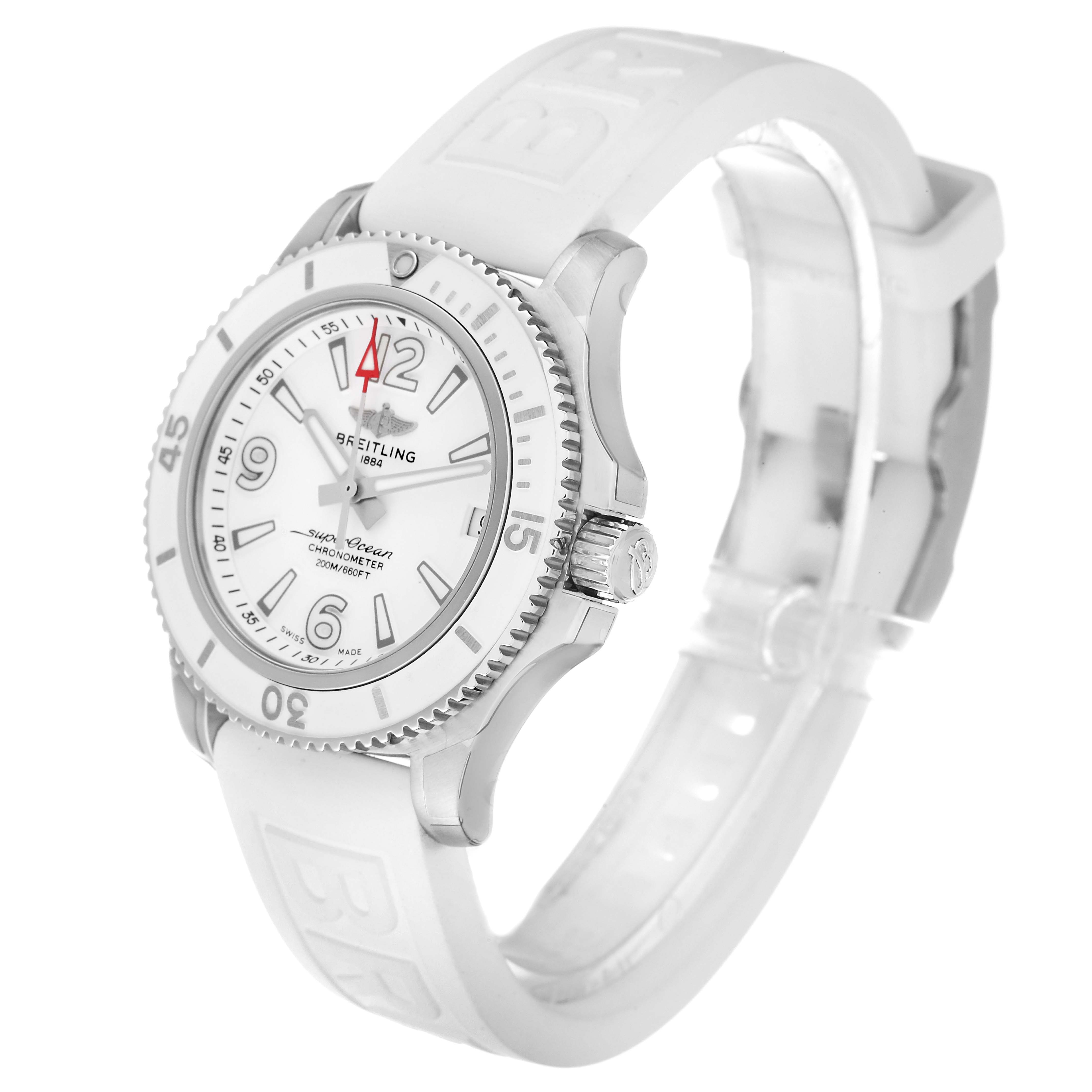 The Breitling A17316 Women's Stainless Steel White Dial A17316 Women's Stainless Steel White Dial Superocean 36mm White Dial Ladies Watch A17316 is shown at an angle displaying the face, bezel, crown, and strap.