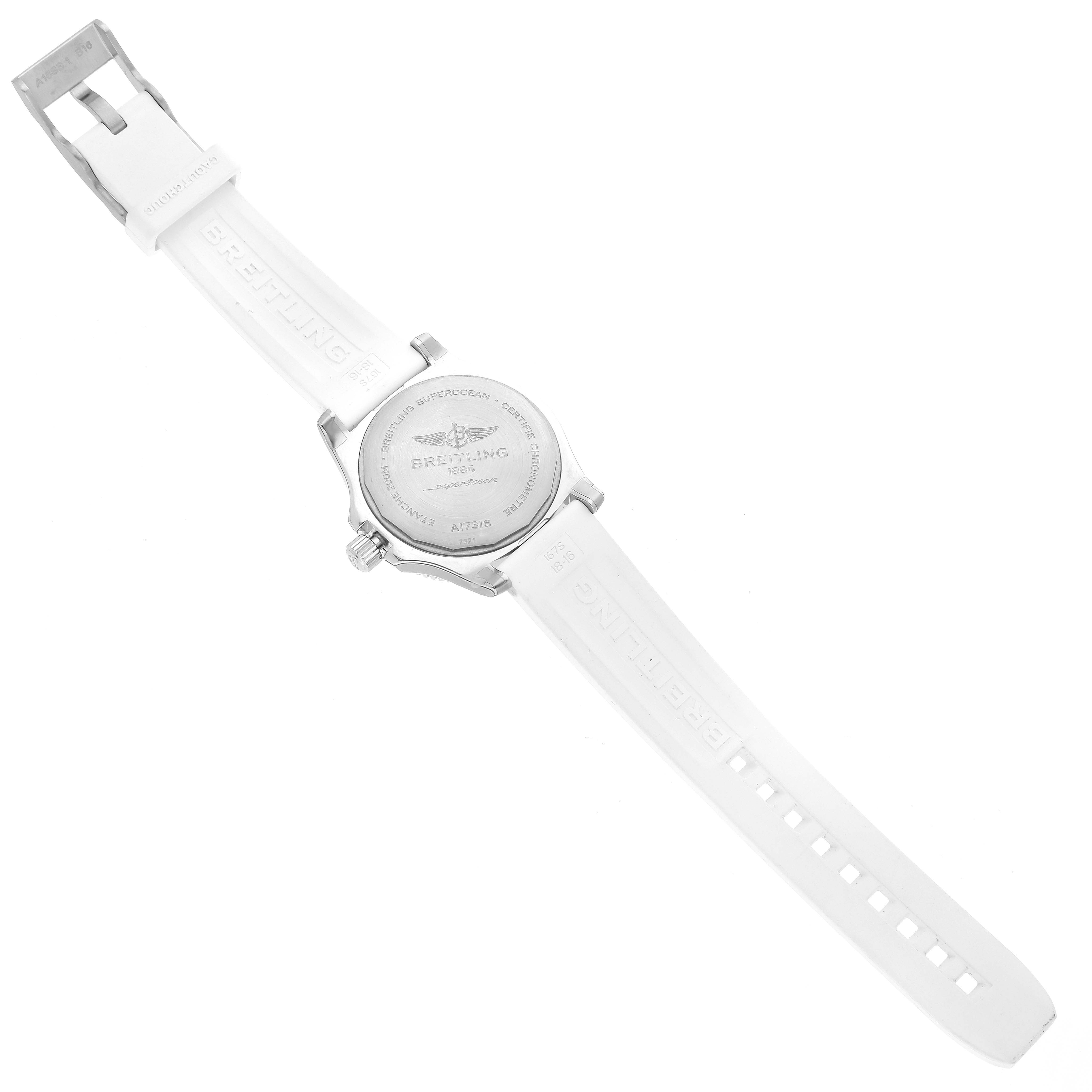 The image shows the back and band of the Breitling A17316 Women's Stainless Steel White Dial A17316 Women's Stainless Steel White Dial Superocean 36mm White Dial Ladies Watch A17316 in an unworn condition.
